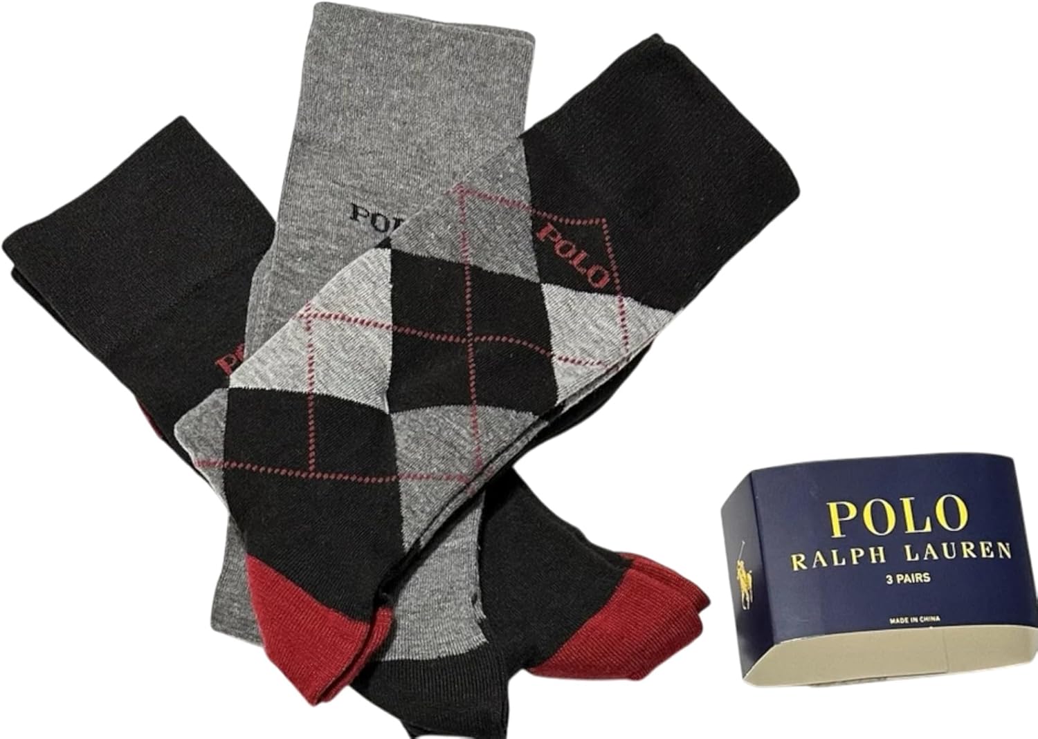 POLO RALPH LAUREN Men's 3-Pack Argyle Diamond Dress Casual Crew Socks | Red, Black, Grey Heather, Dark Charcoal | Sock Size 10-13 Shoe Size 6-12.5 | ZP8991081PKN-BAST | Polyester Spandex