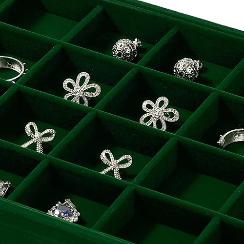 Miniatura 3 de Bandeja organizadora de 24 bandas para anillos y aretes, bandeja organizadora de joyas de terciopelo verde, bandejas de exhibición para