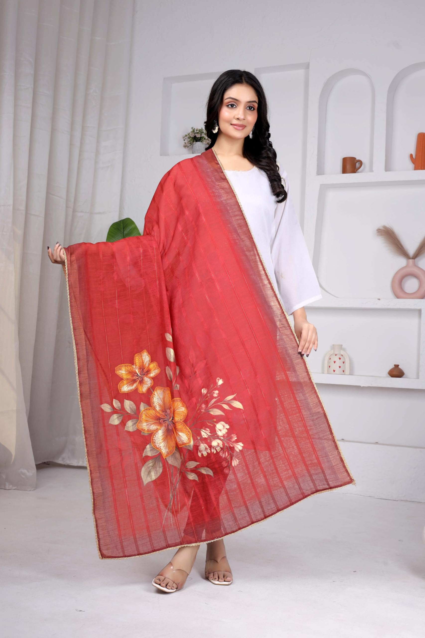 Women’s Floral Printed Dupatta Lightweight Cotton Blend Ethnic Dupatta with Woven Stripes & Elegant Design With Golden Lace Border-image-42