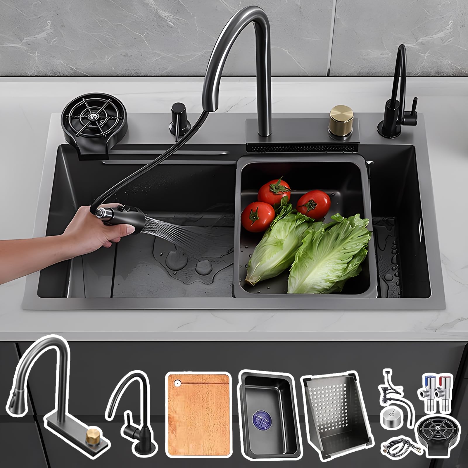 LMYSXAOZ Stainless Steel Single-Bowl Kitchen Sink With Waterfall Faucet, Cup Washer And Farmhouse Workstation, Perfect For Bar Or Home Use, Black-Grey Finish (Size : 75x46cm)