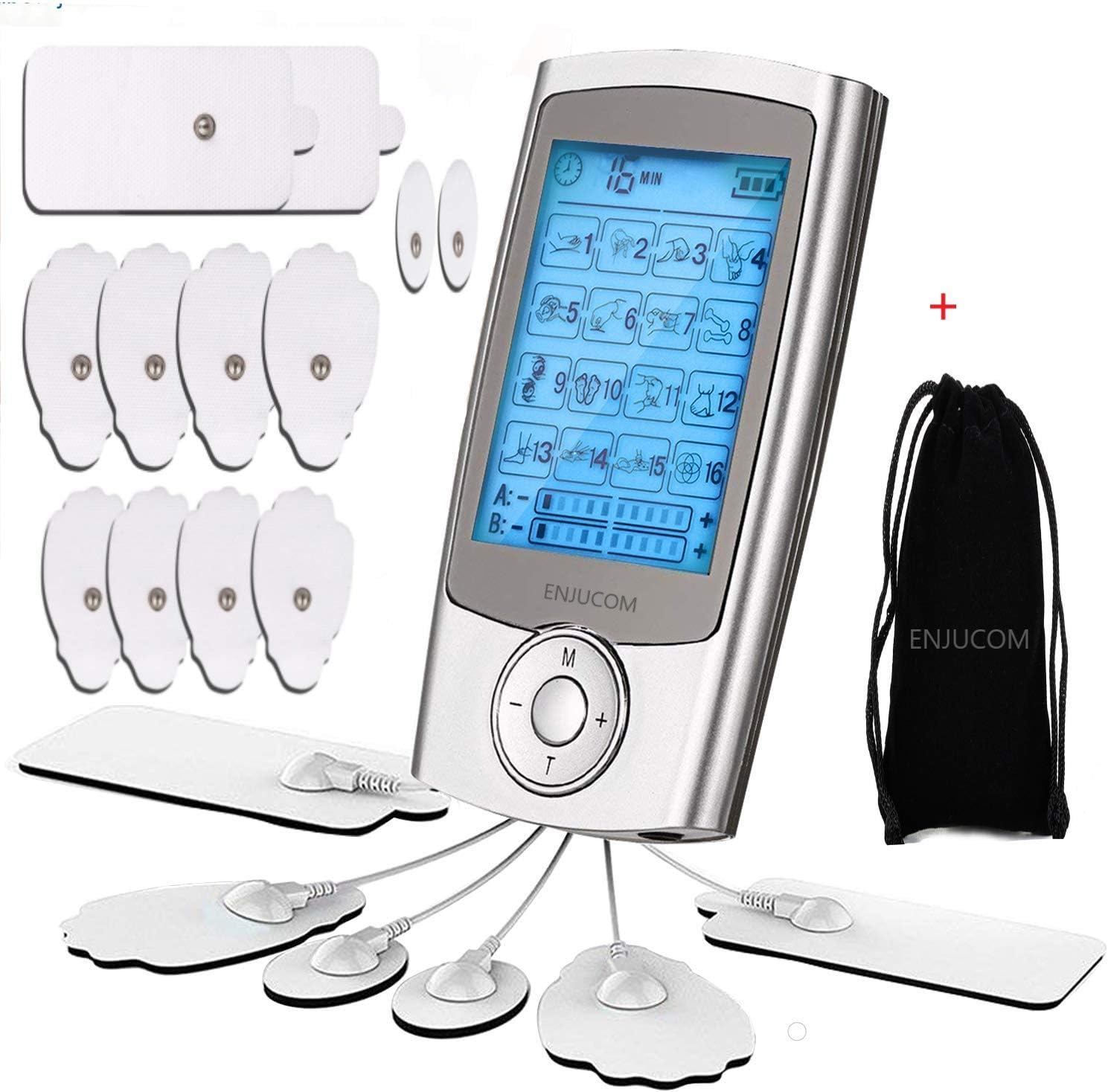 Enjucom New Tens Unit Machine Muscle Stimulator Rechargeable Digital Therapy Full Body Acupuncture Massage Muscle Pain Relief Treatment with 16 Modes and 12 Pads Independent A/B Dual Channel