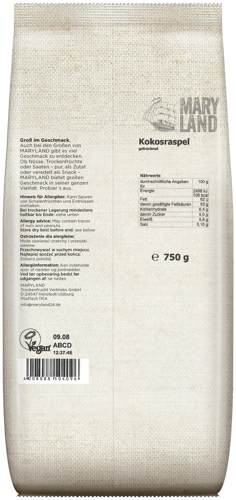 Maryland Kokosraspel 750g Vorratspackung 4er Pack – Kokosraspel, vegan, fruchtig süß– Im praktischen Format genießen (4 x 750g)