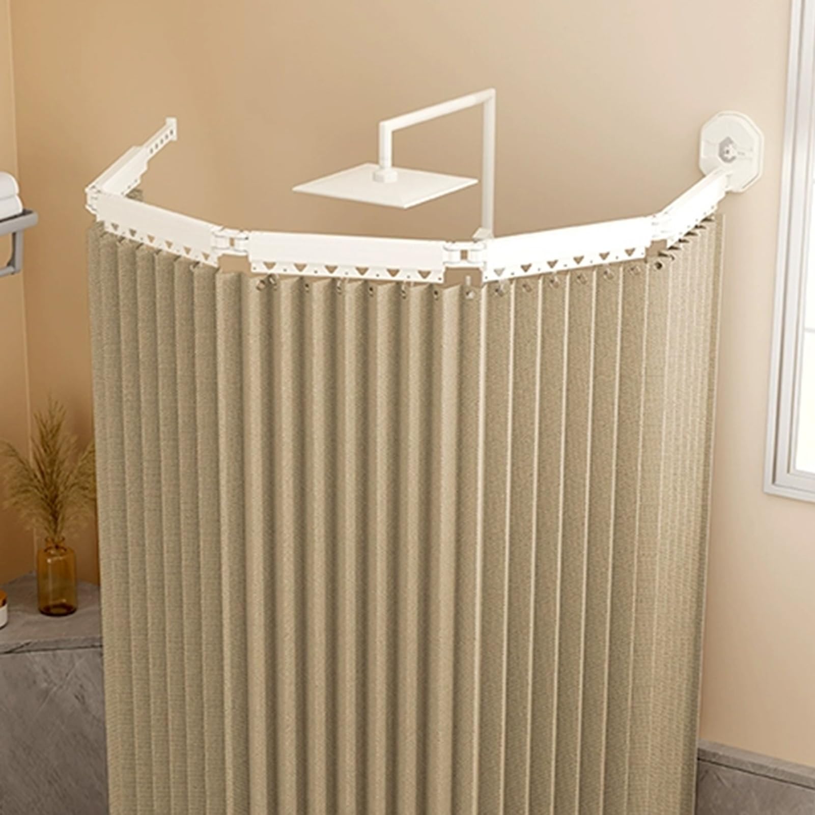 Pieghevole Tenda da Doccia in Lino Impermeabile - Tende da Doccia Antimuffa con Bastone Tenda Vasca da Bagno, Fissaggio a Ventosa Senza Perforazione per Bagno Spogliatoio(Cachi,138 cm+25 cm)