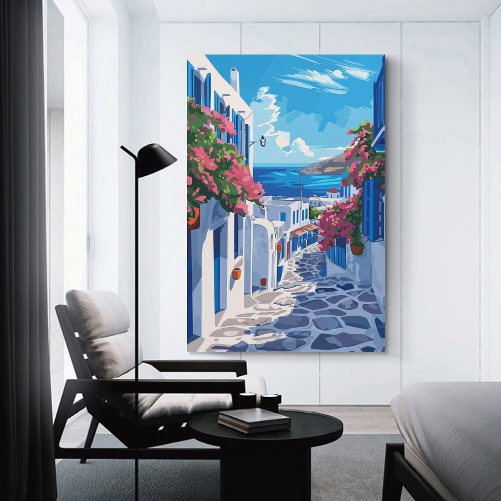 Junmoney Wall Art Print Greek Island Illustration, 24x36inch(60x90cm), for Bedrooms, Workspaces And Everyday Interiors, Stylish Home Artwork for Focal Walls