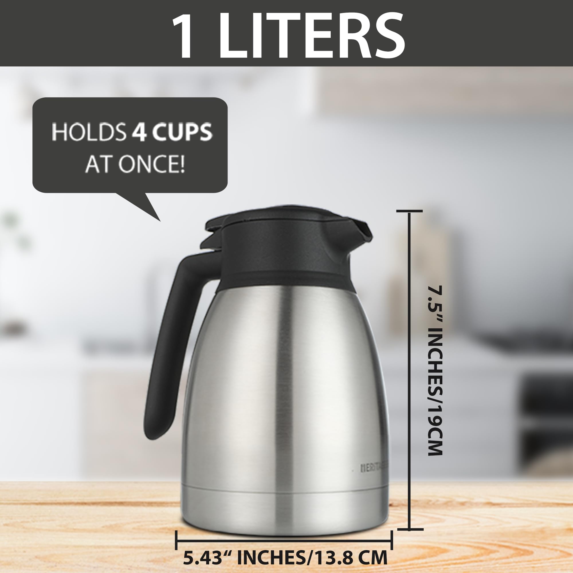 Thermal Coffee Carafe 34oz / 1L -Insulated Hot Beverage Dispenser, Triple Walled Stainless Steel Vacuum Coffee Carafe Dispenser For Keeping Water Tea Coffee Hot or Cold