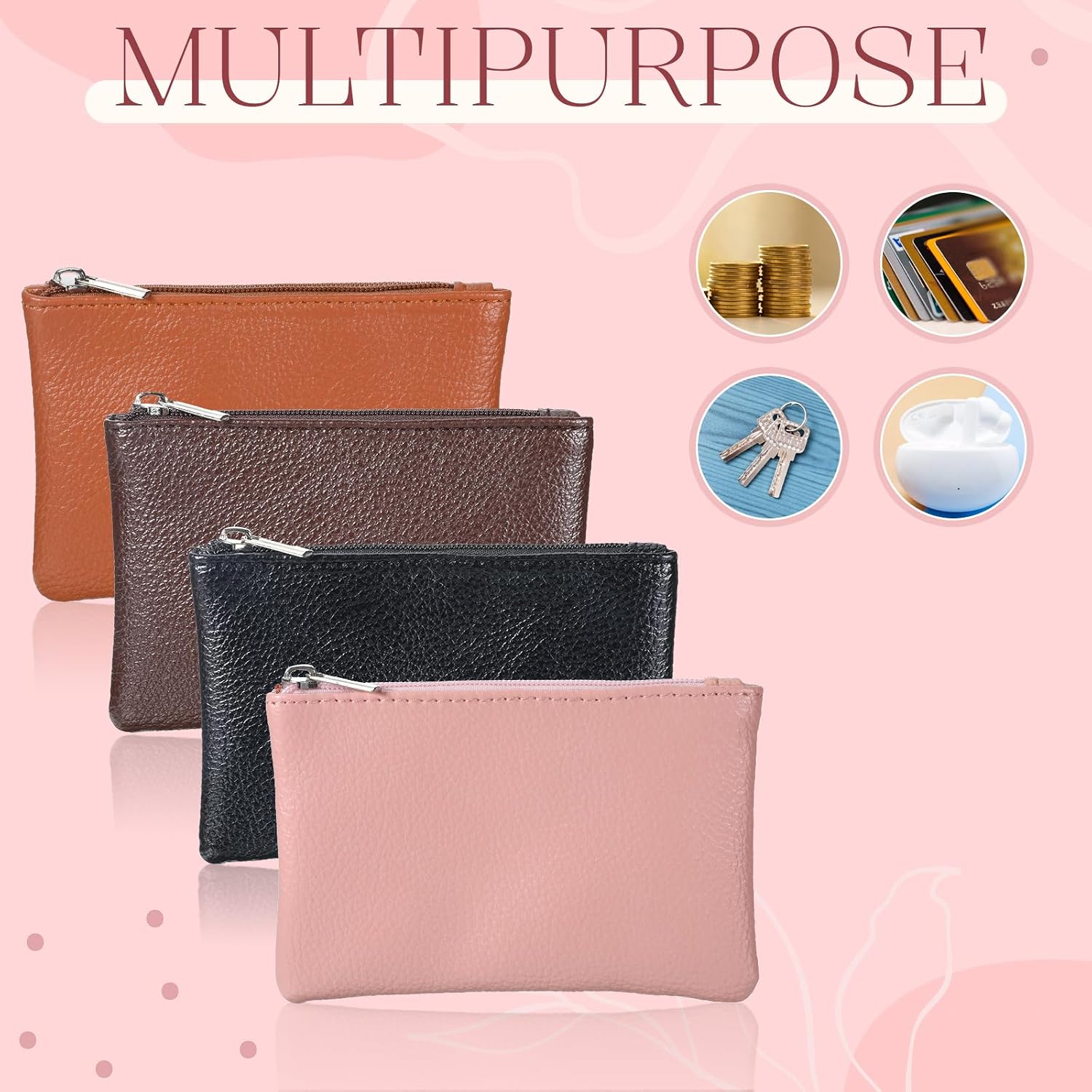 4Pcs Mini Coin Pouch, PU Leather Zipper Coin Pouch Portable Change Purse for Women (Pink, Light Brown, Coffee, Black)