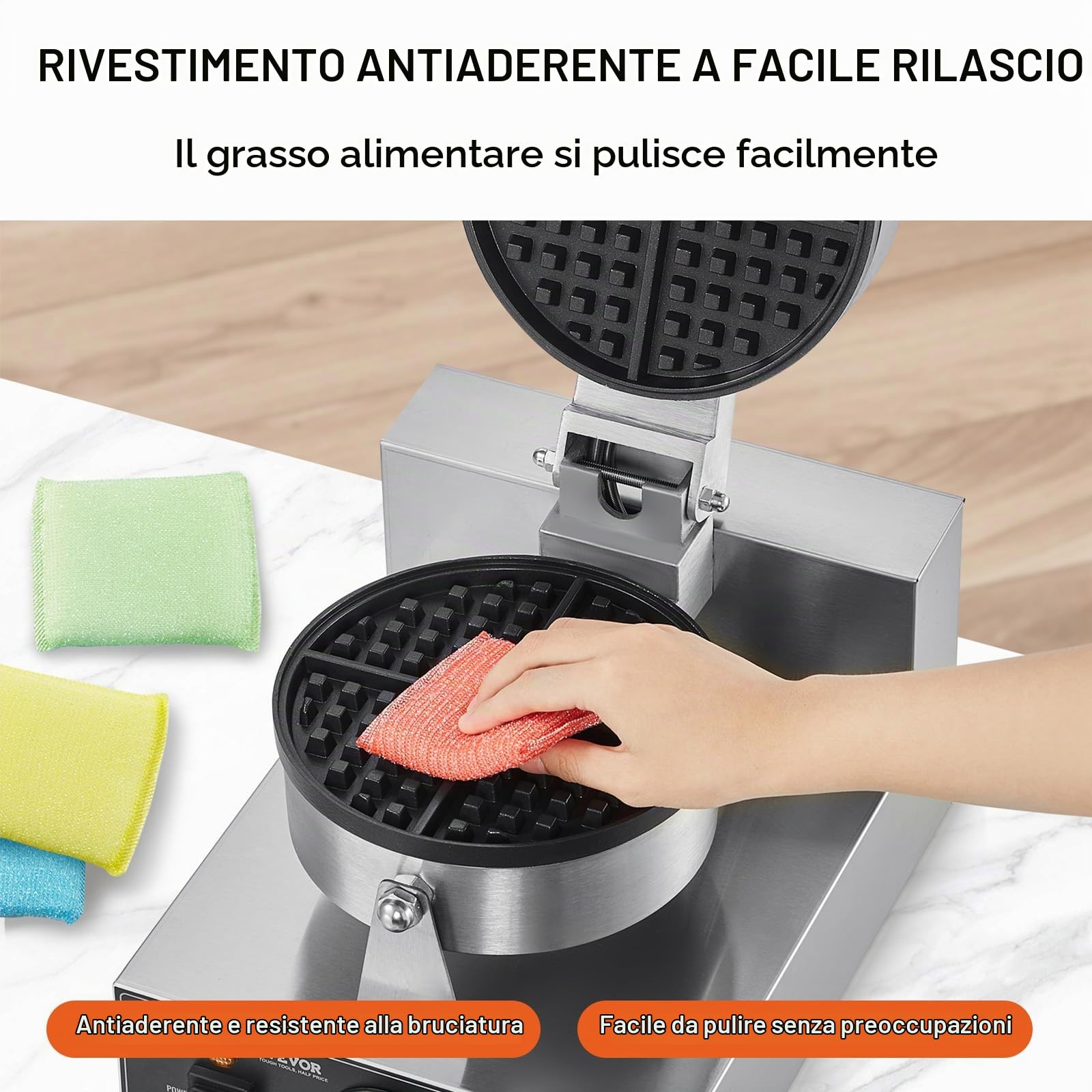 VEVOR Macchina per Waffle Belga Rotonda Commerciale Macchina Waffle 1230 W, Piastra Waffle Belga in Acciaio Inox Antiaderente, con Controllo Temperatura Tempo, Maniglia, per Ristoranti, Panetterie