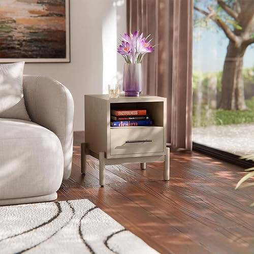 Miniatura 6 de Bme Lyra Mesita de noche, mesa auxiliar de madera maciza, fácil montaje, con 2 cajones de almacenamiento para sala de estar y dormitorio, moderna de