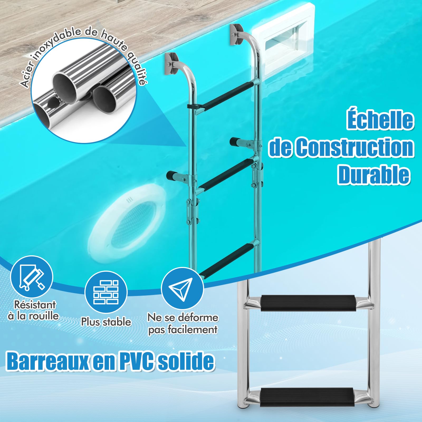 RELAX4LIFE Échelle de Piscine INOX Pliante 4 Marches, Capacité 225 KG pour Piscine Bateau