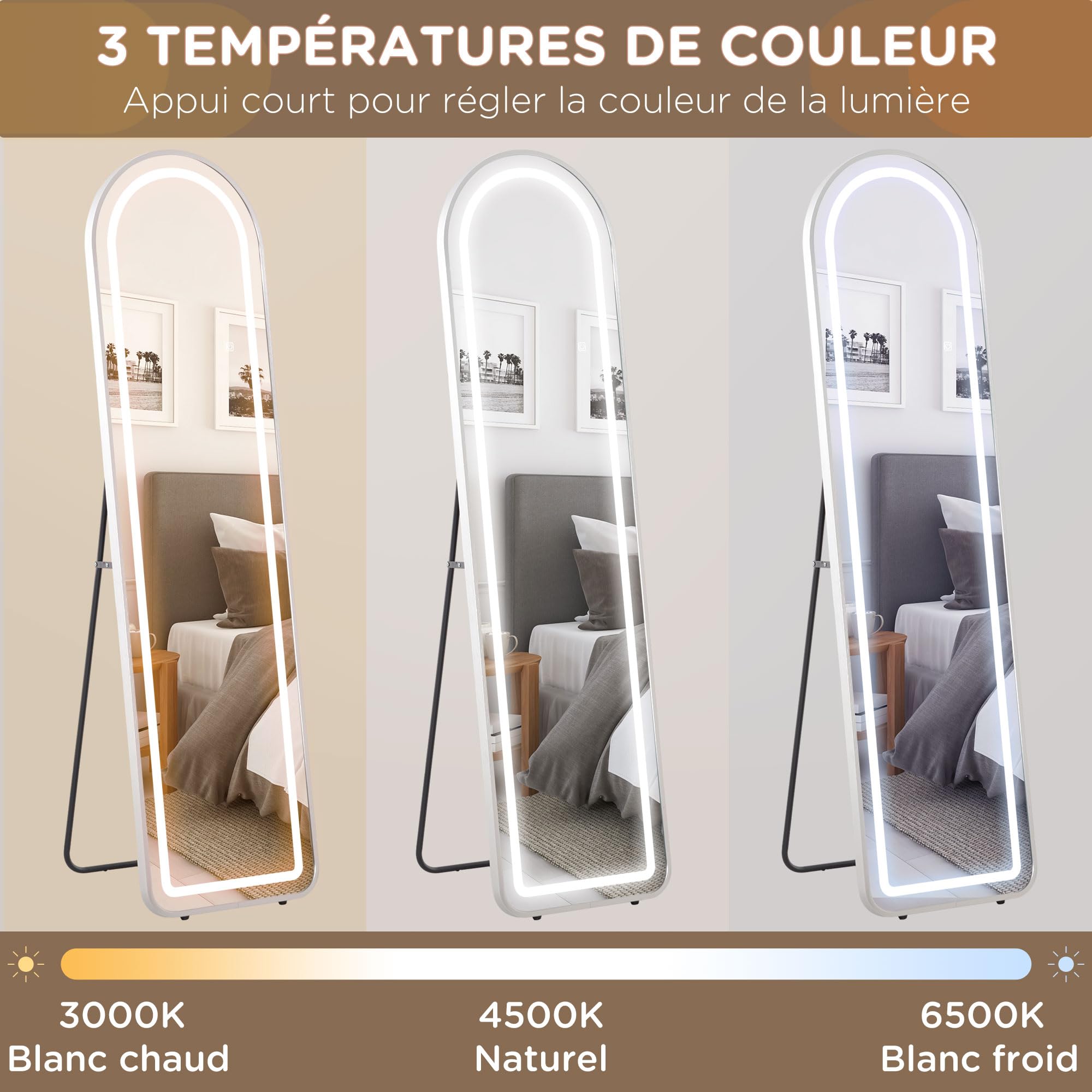 HOMCOM Miroir Pleine Longueur LED 150x40 cm 3 Couleurs Lumière Réglables Interrupteur Tactile Fonction Mémoire Argent