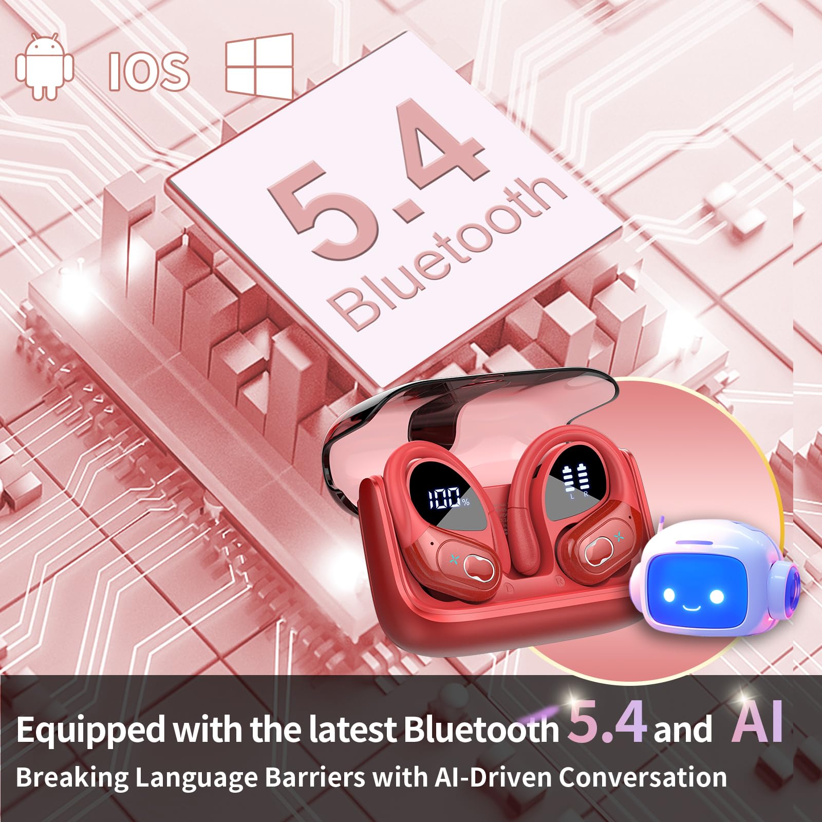 STECEi AI Auriculares Traductor en Tiempo Real(2026), 164 Idiomas y 6 Modos de Traducción, Bluetooth 5.4 con ENC y App con para Viajes/Negocios, Rojo