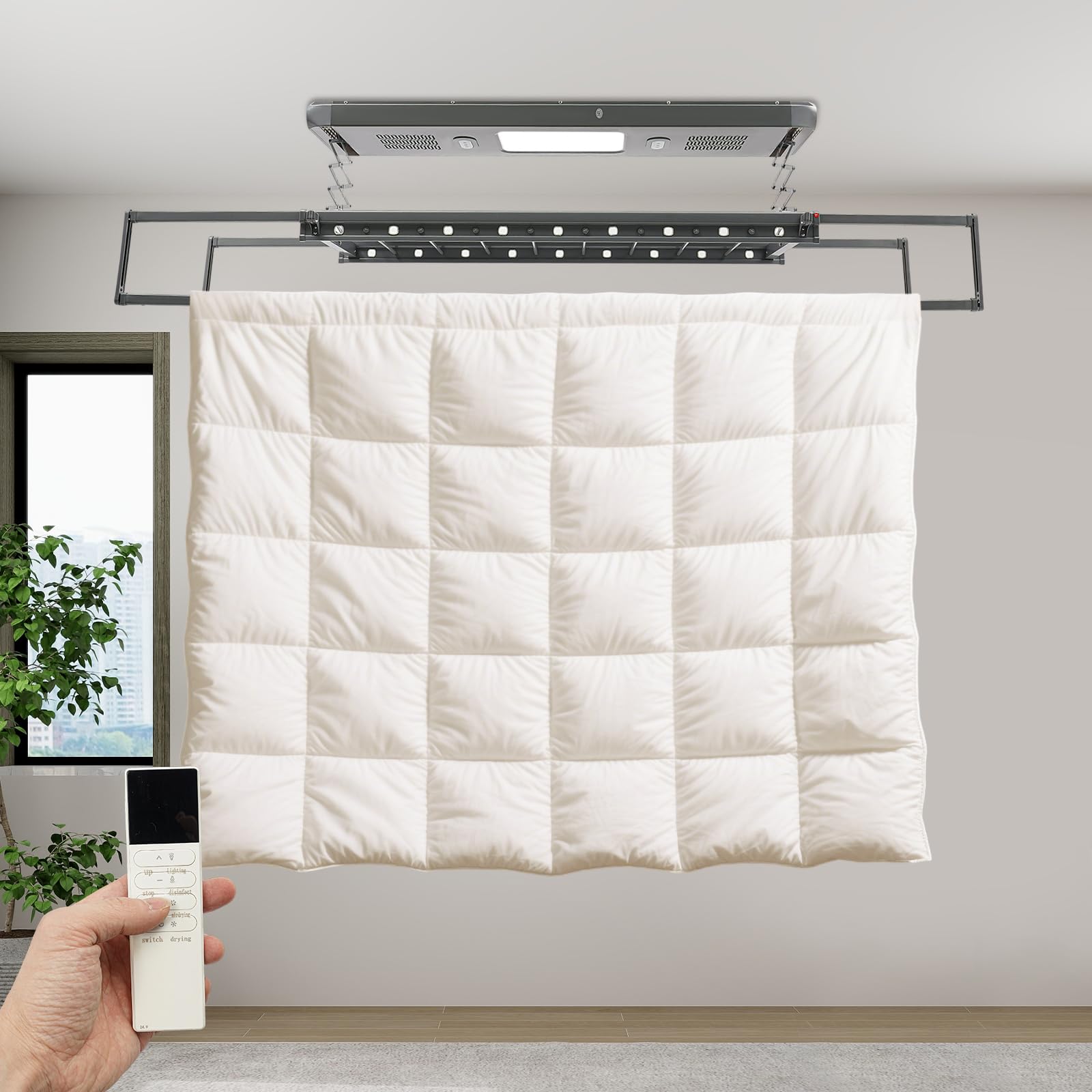 Elektrischer Wäscheständer, Wäascheständer Decke mit Fernbedienung Ventilator LED-Beleuchtung, Kleiderstange 130-215 cm Einstellbare, 50m Fernbedienung, für Wand und Decke (Grau)