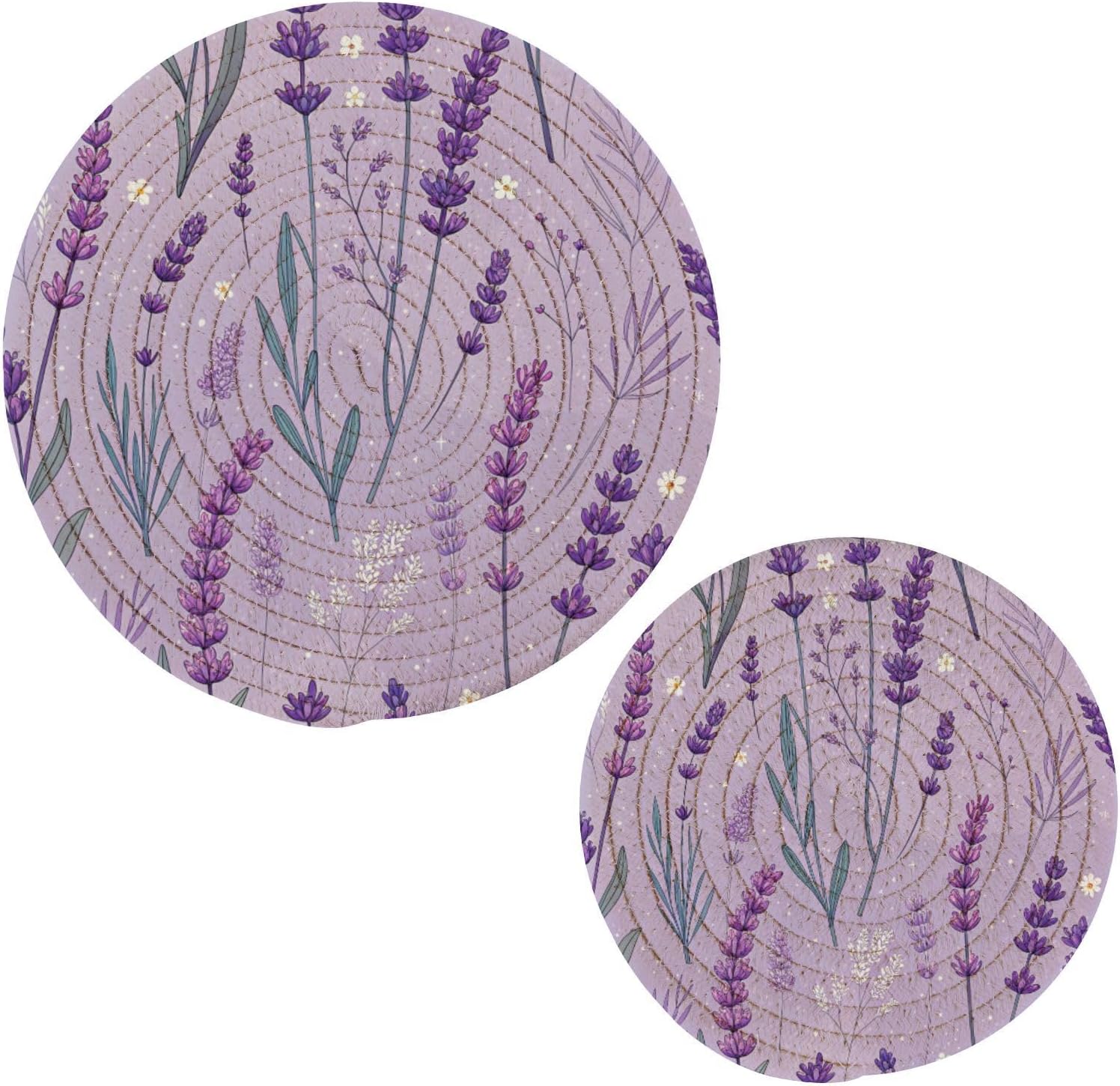 Lavender Pattern Purple Trivets for Hot Dishes, Hot Pots and Pans, Cotton Woven Pot Holders for Kitchen Countertops, Table, 2 Pcs Heat Resistant Hot Pads, 7"+9.5"