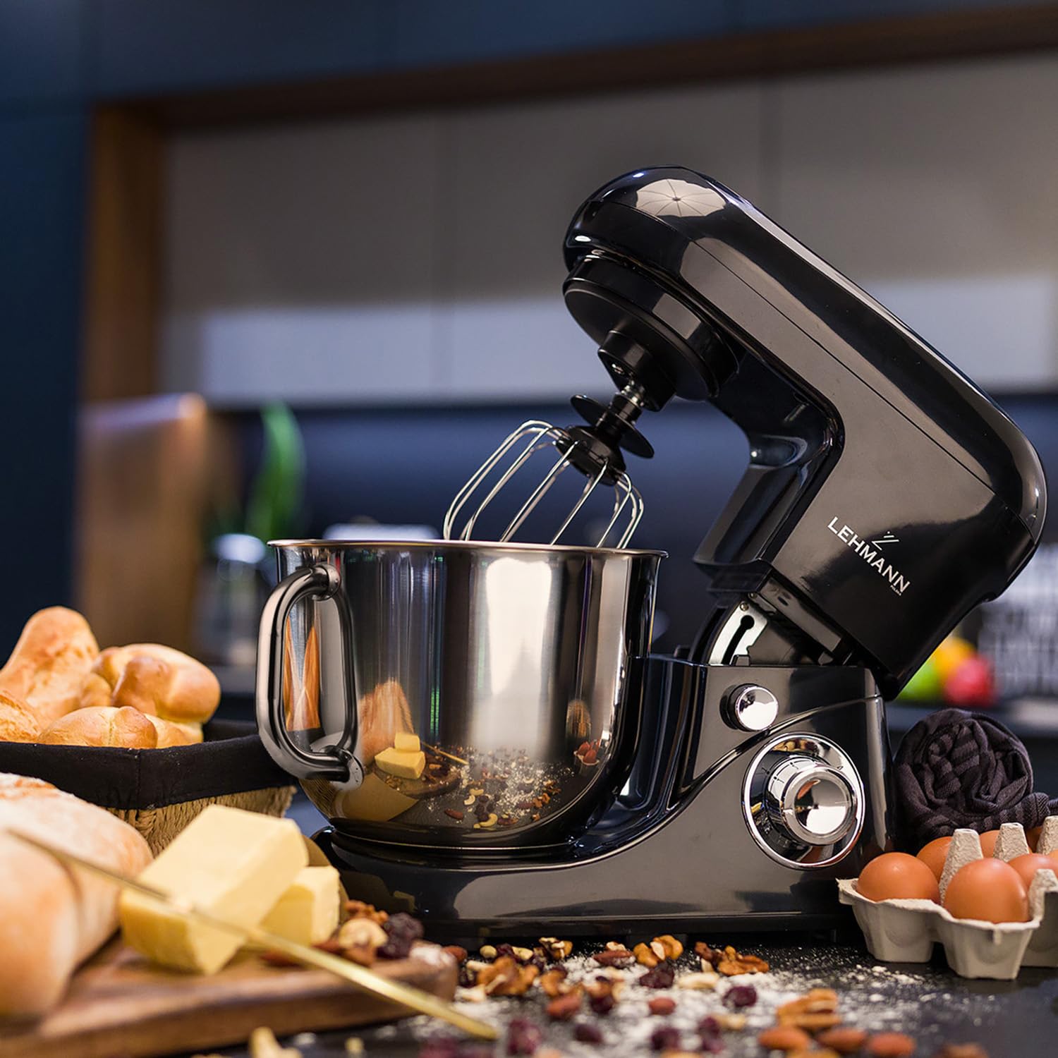 LEHMANN LHOPM-1305C Robot Pâtissier Multifonction 2200 W, Robot Culinaire à Mouvement Planétaire avec Fouet, Batteur, Crochet, Bol d'Acier Inoxydable 5 Litres, 6 Vitesses et Fonction Pulse, Noir