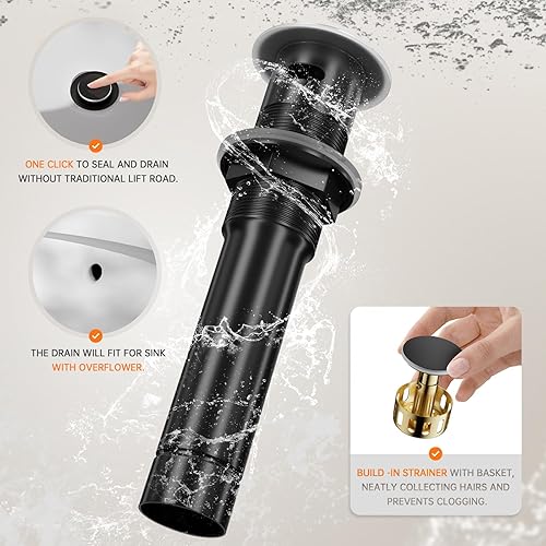 Miniatura 9 de Phiestina NS-SF01-MB - Grifo de lavabo de baño de un solo agujero, negro mate, con placa de cubierta de 6 pulgadas y montaje de drenaje desplegable