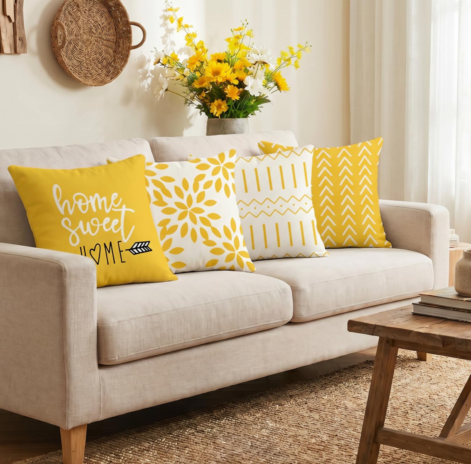 YCOLL Fundas de Cojín, Funda de Almohada del Sofá Throw Cojín Decoración Almohada Funda de Almohada de Lino de la Cubierta Decorativo para Sala de Estar Sofás 55 x 55cm Juego de 4 (Amarillo)
