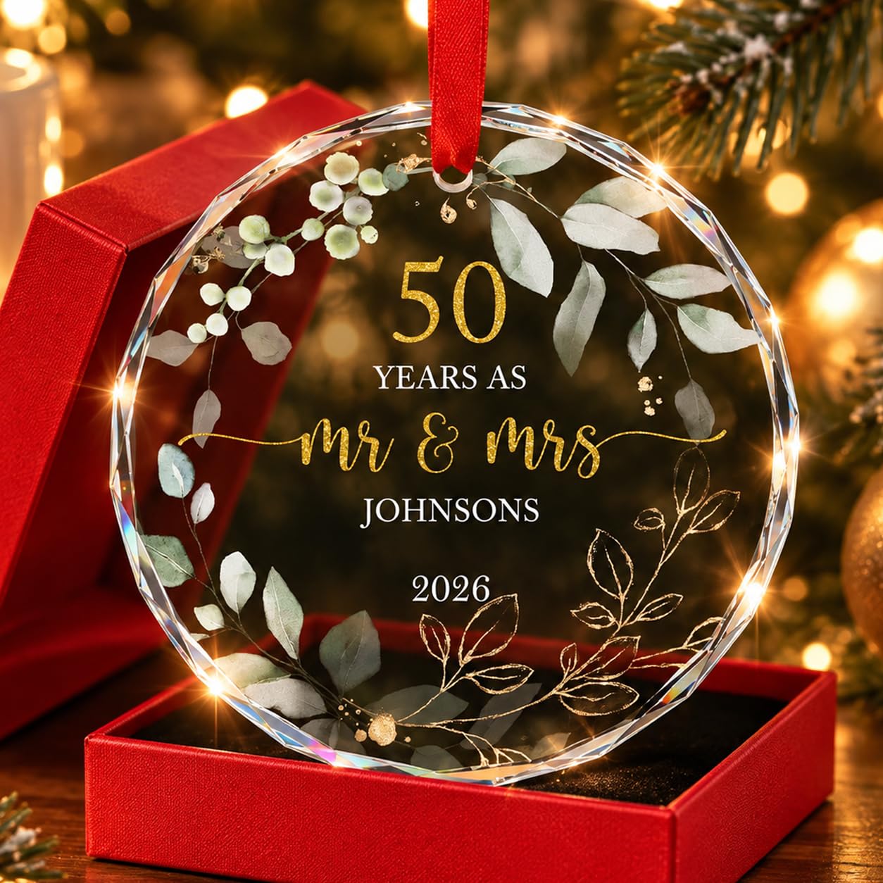 Personalized Happy 50th Wedding Anniversary Crystal Ornament 2026 - Custom Year for Couple Parents Gift Hanging Glass Ornament for Decorating Home Weddings Anniversary Collectible Holiday Keepsake