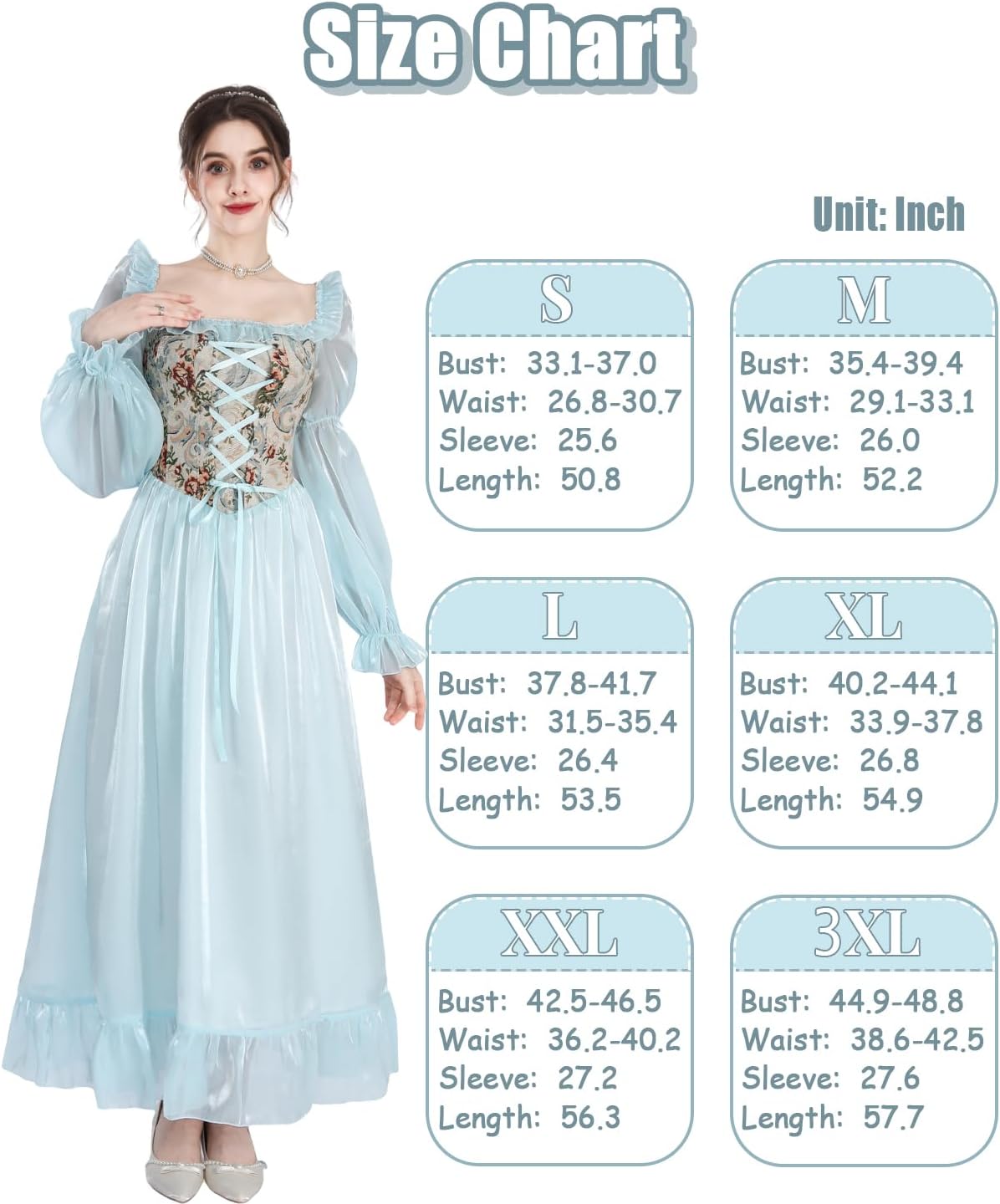 NSPSTT White Renaissance Dress Women Fairy Dress Victorian Medieval Costume