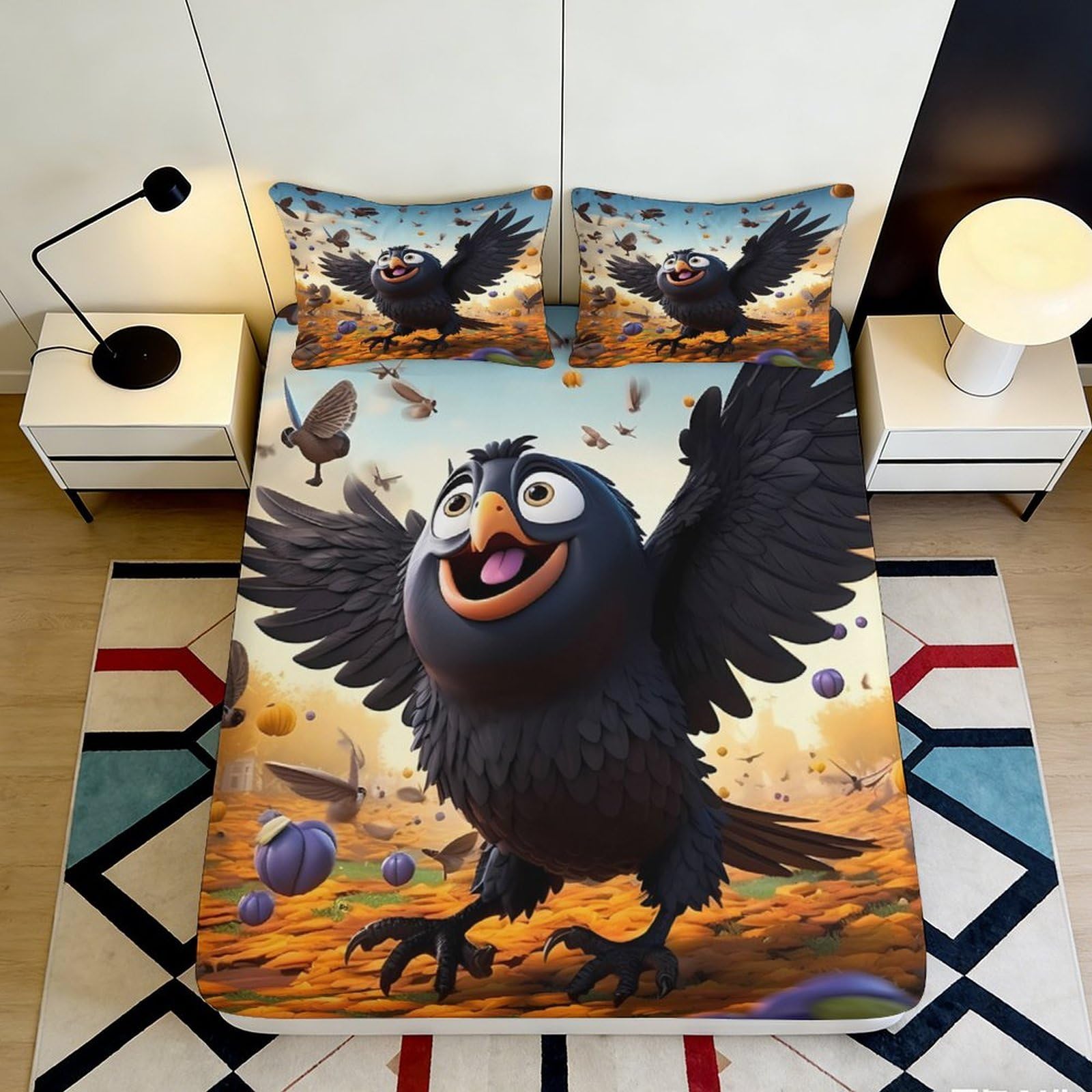 3D Printed Cartoon Bird Fitted Sheet Microfiber Deep Pocket Bedroom Bedding Non-Slip Cartoon Mattress Fitted Cover Washable 200x200x25cm 90x200x25cm