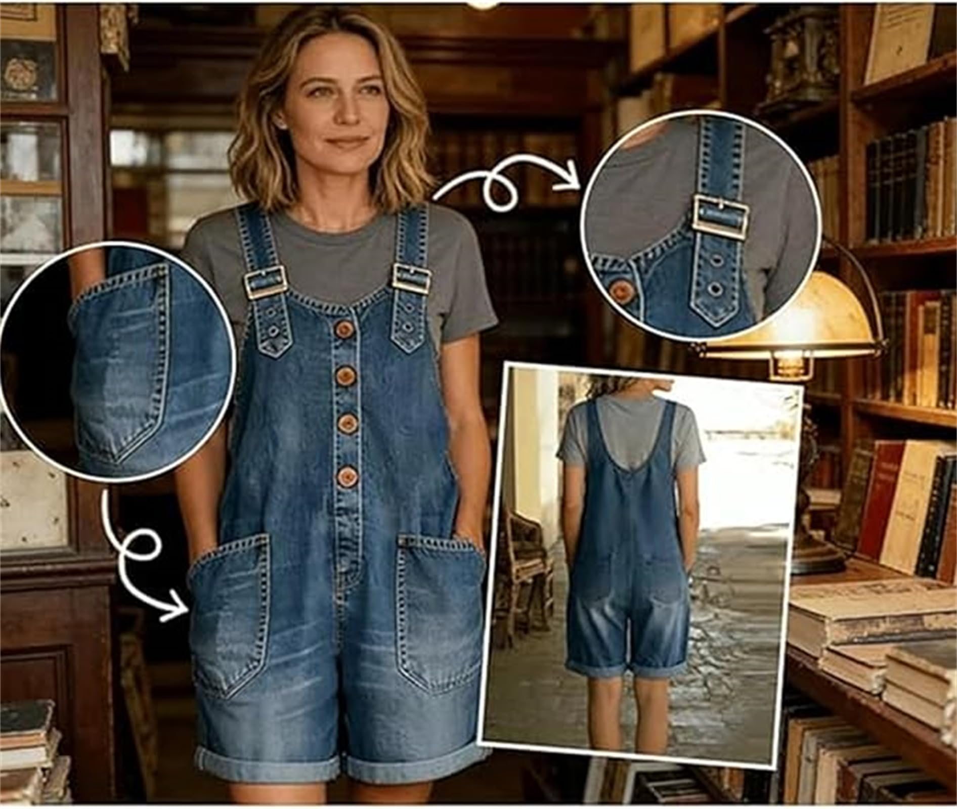 Damen Jeans Latzshorts, Vintage-Locker sitzender Einteiler mit Knopfleiste vorne, verstellbaren Trägern und Taschen