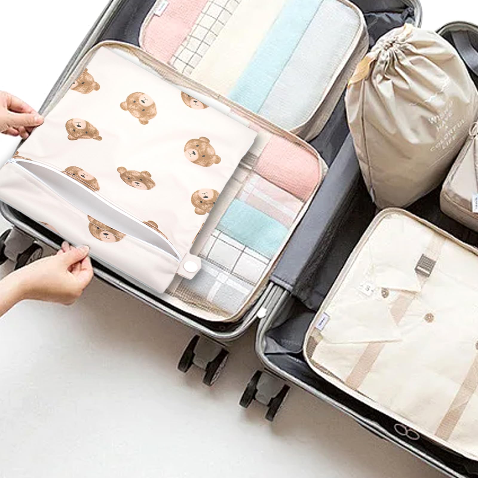 3 Pièces Modèle d'ours Sacs à Couches Lavables, Sac Étanche Couche, Sac a Couches Bebe, Réutilisable Pochette Humide et Sèche à Fermeture Éclair pour la Natation Camping Voyage Plage Fitness