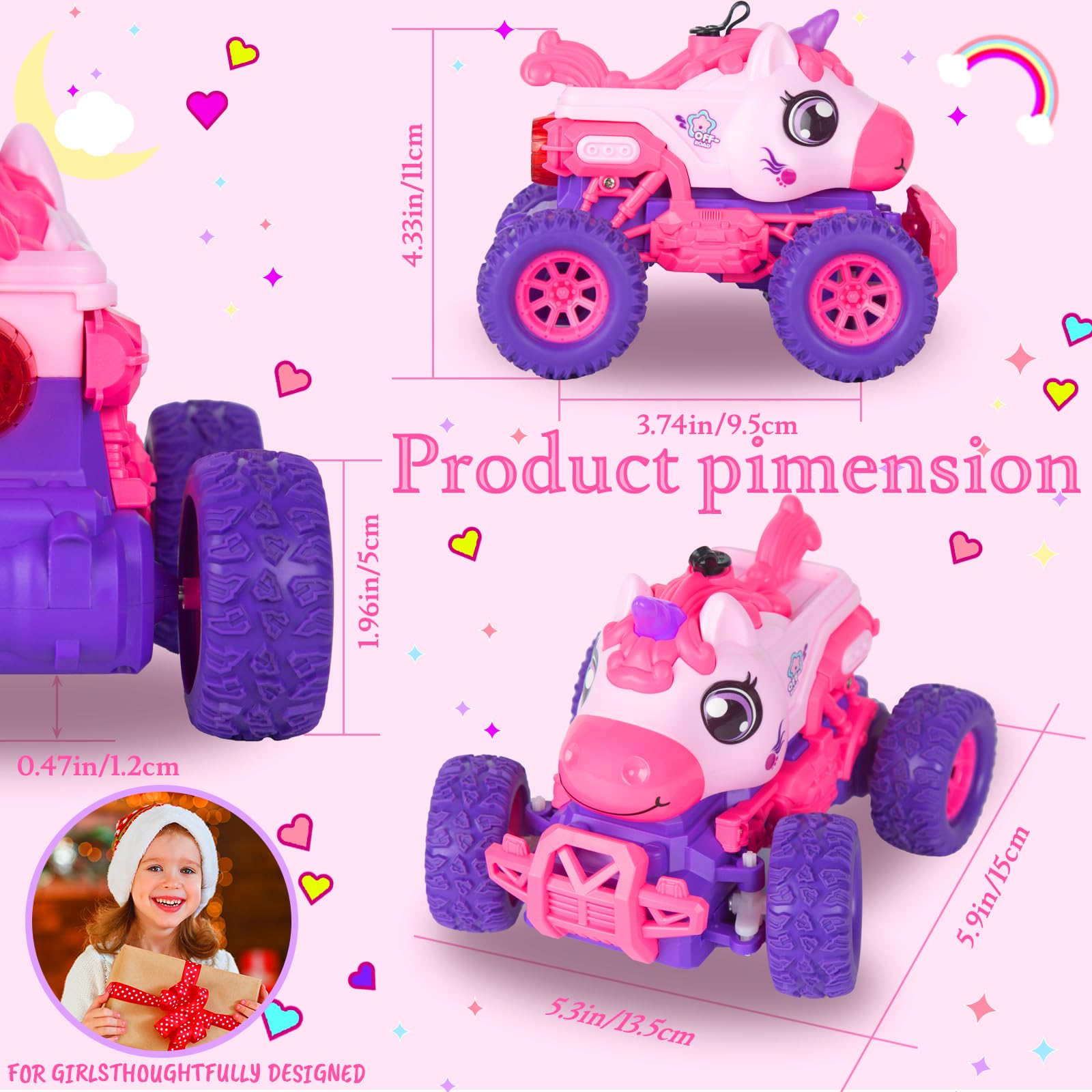 iBlivers Unicorno Macchina Telecomandato per Bambini, Monster Truck Telecomandata Giocattolo con Unicorno, RC Monstertruck Unicorn Car con luce LED Spray, Regalo per Ragazze e Ragazzi 4-7 8-12 Bambini