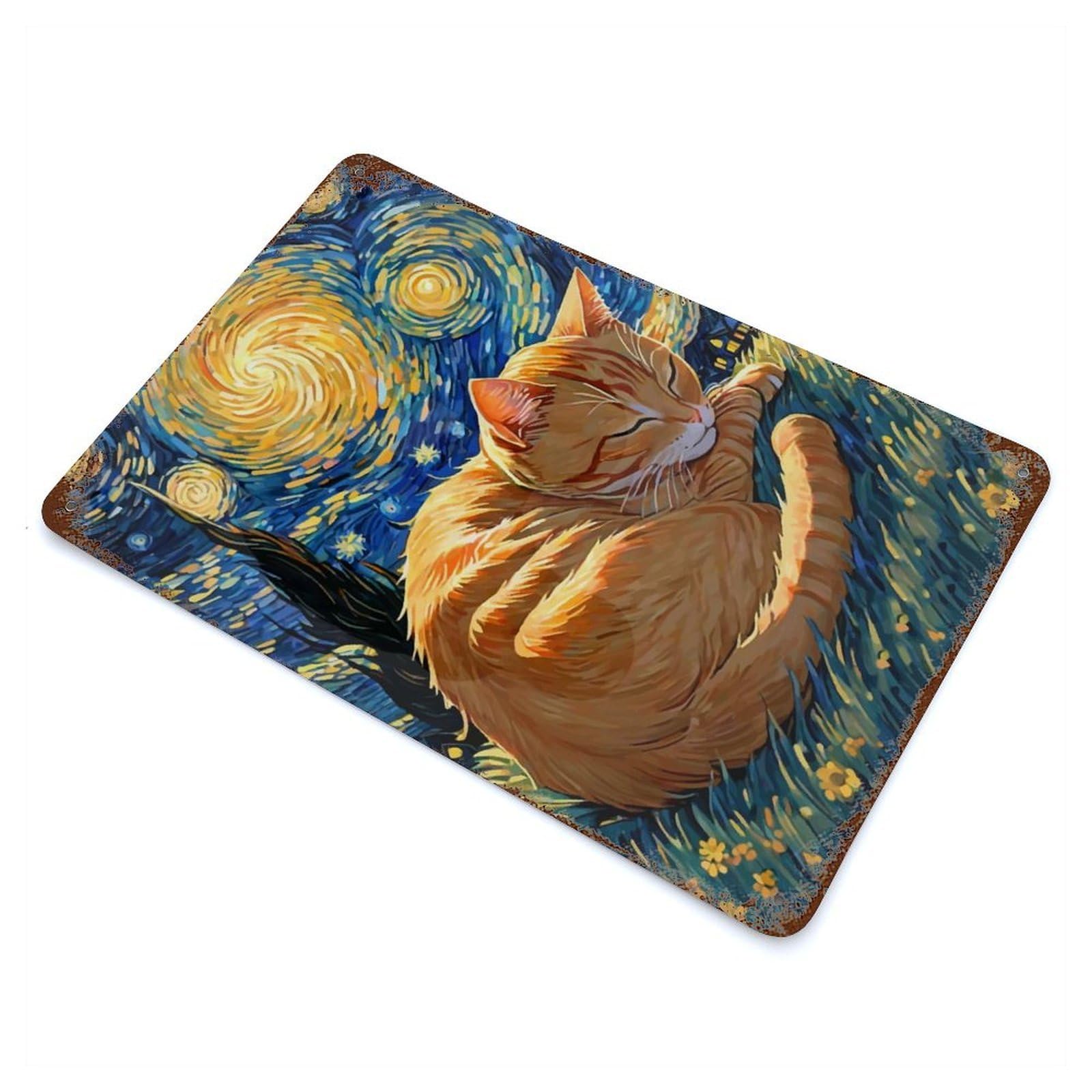 Orange Tabby Cat Sleeping in Starry Night Distressed Metal Wall Sign 11.8"x7.9", Rustic Home Decor for Farmhouse, Kitchen And Entryway Decor