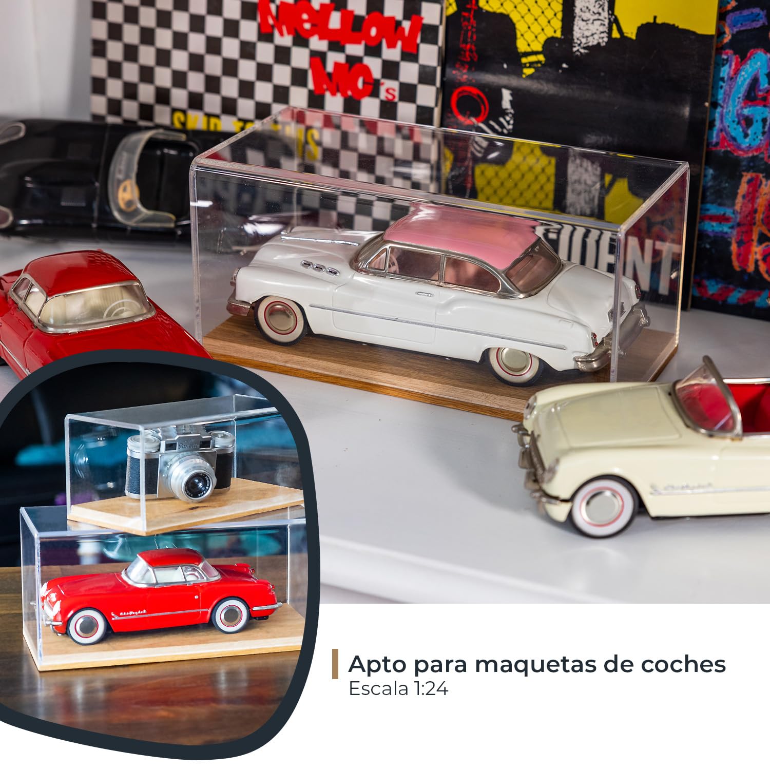 HMF 46871 - Vitrina acrílica con Base de Madera para Modelos de Coche, 24 x 12 x 11 cm, Transparente