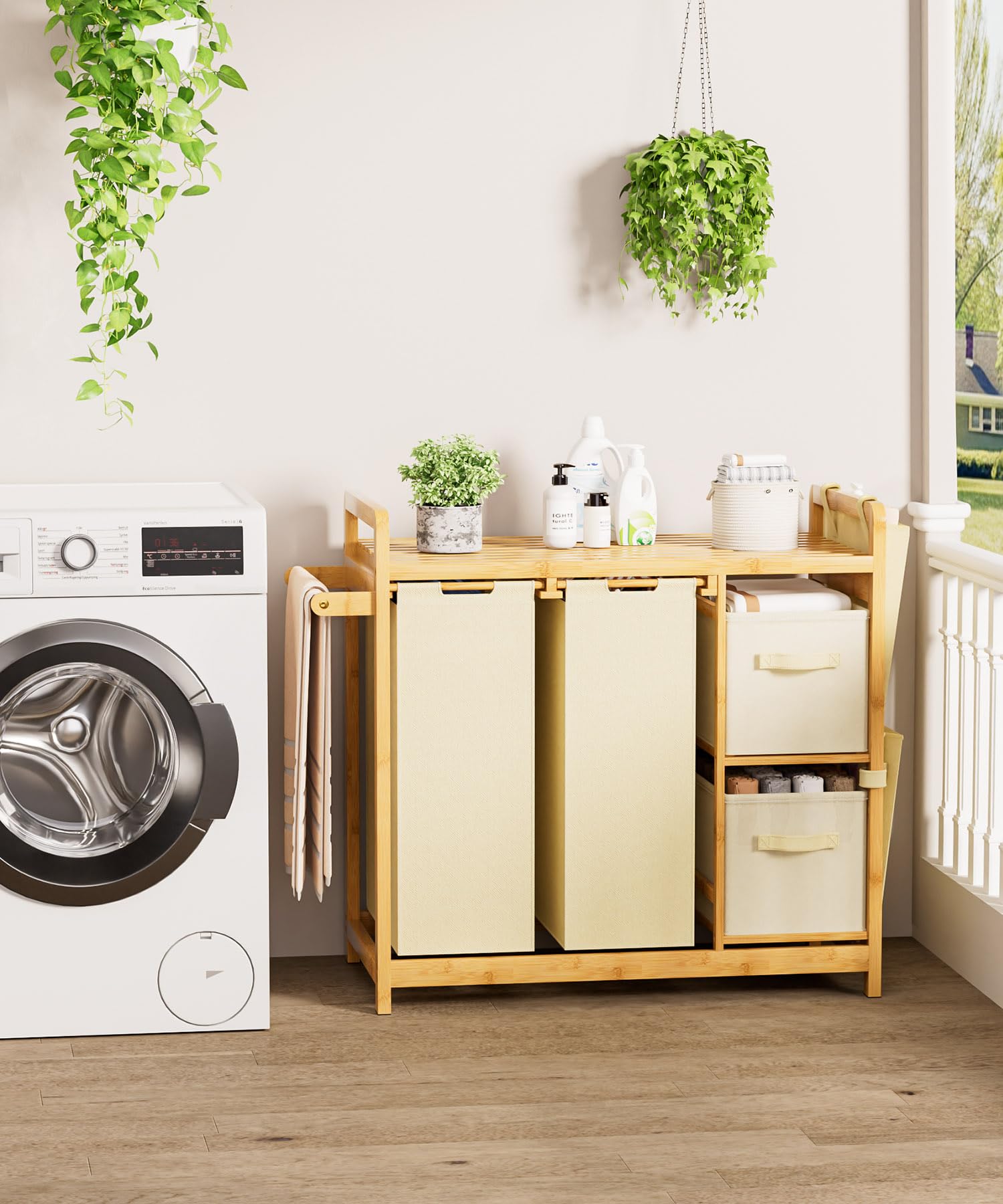 Yorbay Cesto portabiancheria a 3 scomparti, in bambù, 140 l, con ripiano, porta asciugamani e piccole tasche laterali, per bagno, camera da letto e lavanderia, 87 x 41 x 77 cm, beige