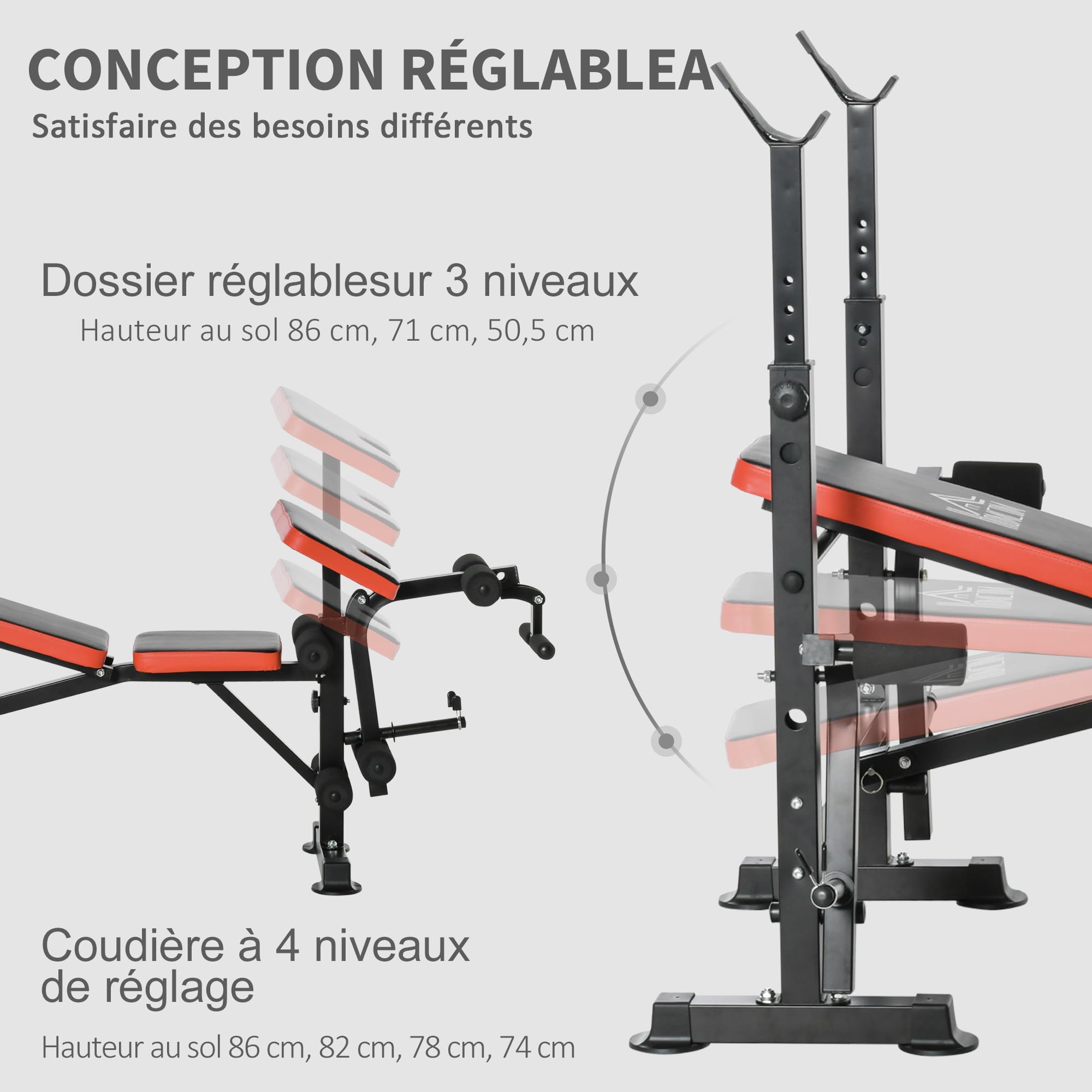 HOMCOM Banc de musculation Fitness entrainement complet avec support d'haltères dossier réglable acier 175 x 139 x 127 cm noir et rouge