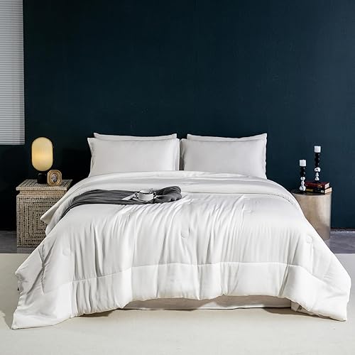 Juego de edredón de tamaño King blanco, viscosa de bambú, suave, refrescante, sedoso y transpirable, edredón alternativo duradero de 300 hilos,