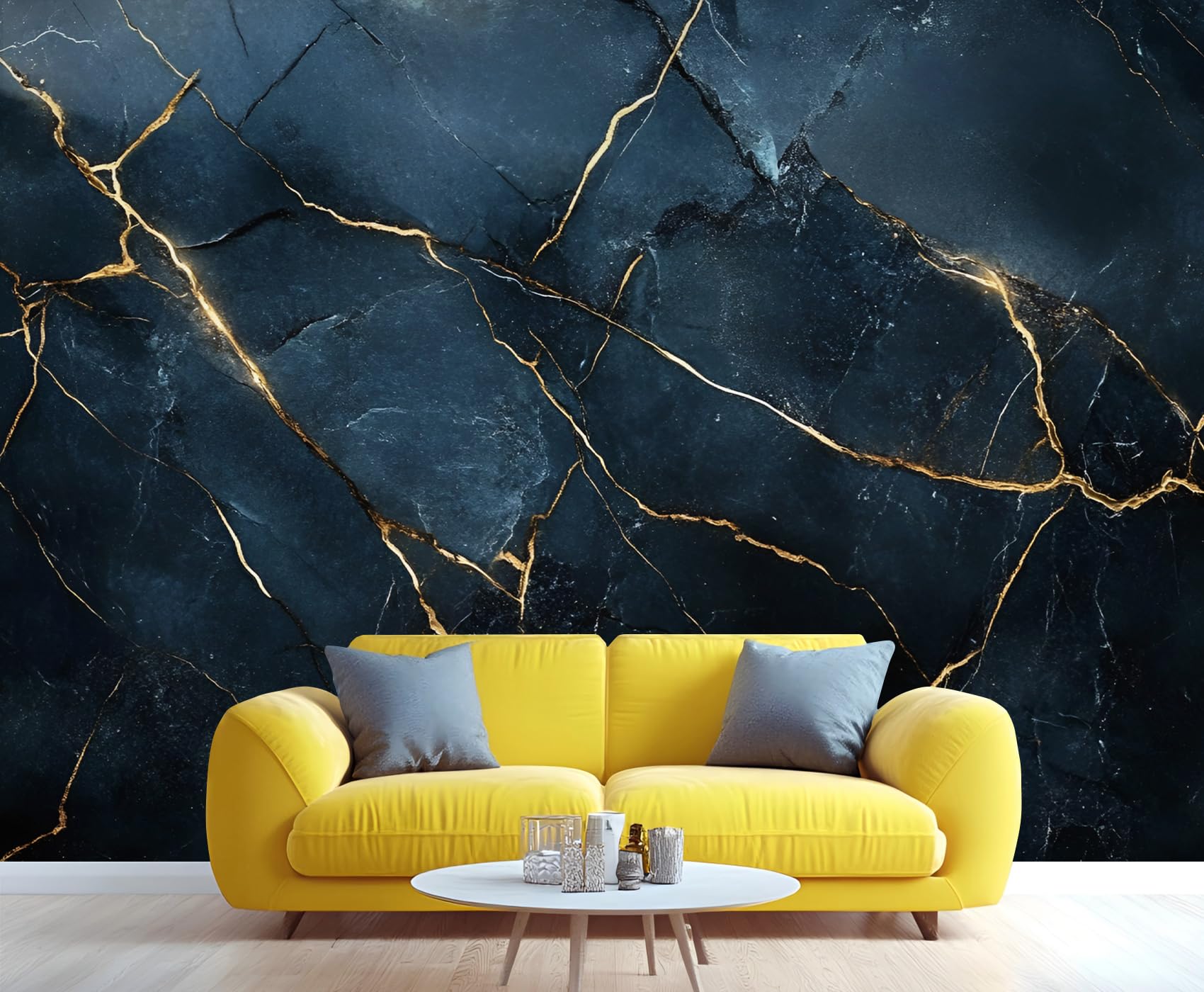 Generisch Light Luxury Wallpaper, Blue Gold Crack Marble Large Wallpaper for Living Room, Contemporary Marble Texture 200x200cm (Not Peel n' Stick)
