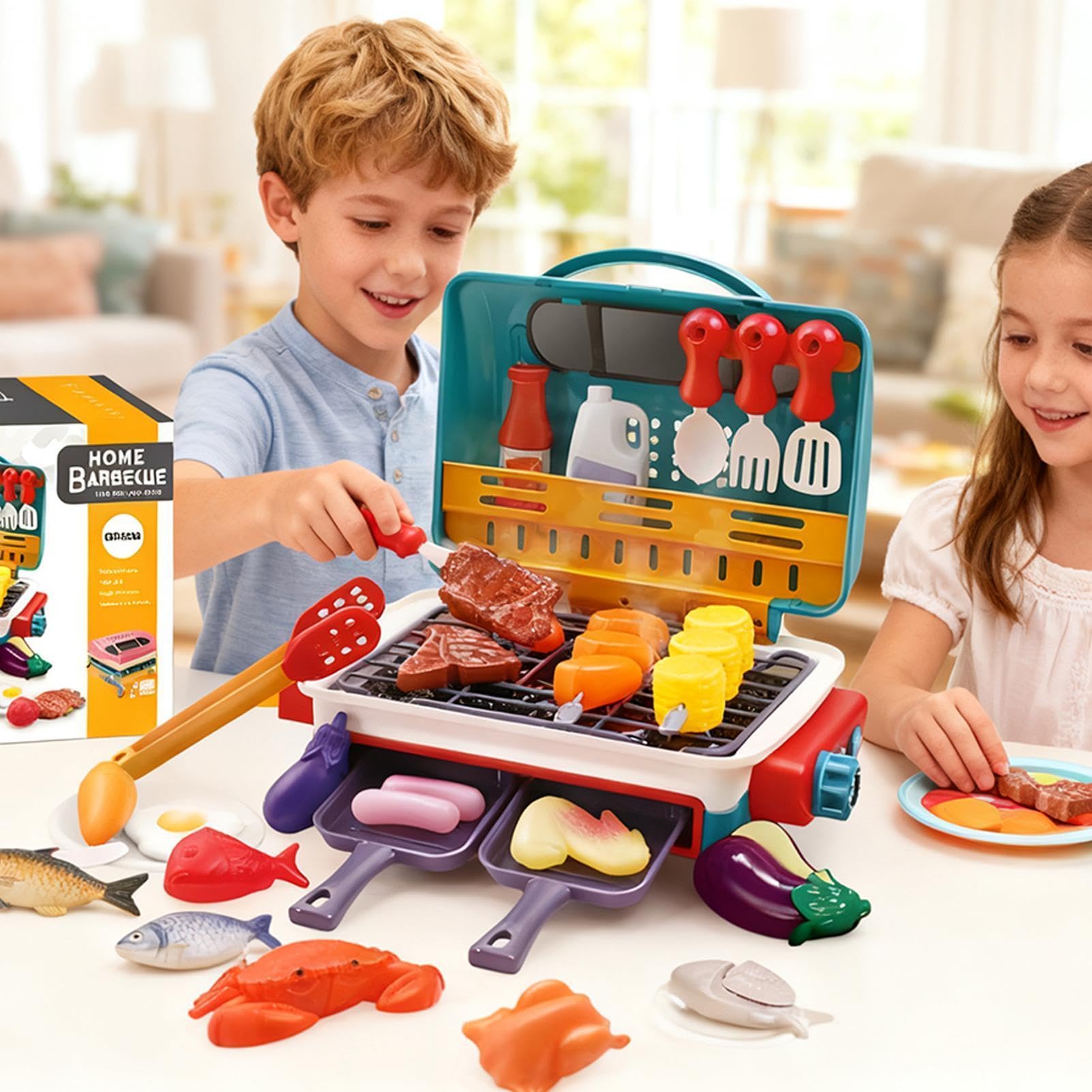 Set di griglia per barbecue per bambini, giocattolo da cucina all'aria da 25,4 cm, griglia giocattolo da cucina in ABS: suono scintillante, luce che cambia colore, gioco di ruolo
