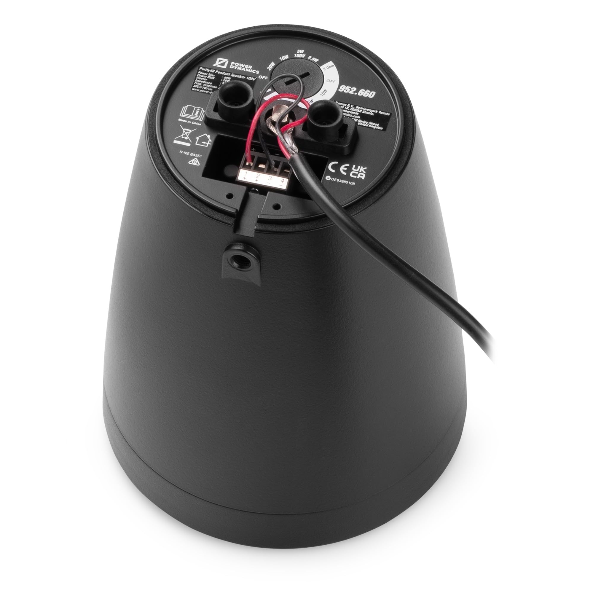Power Dynamics Purity4B, Haut Parleur Suspendu Noir 20W 100V, 2 Voies Enceinte Plafond Pendulaire pour Sonorisation de Commerces Restaurants Bars et Espaces publics