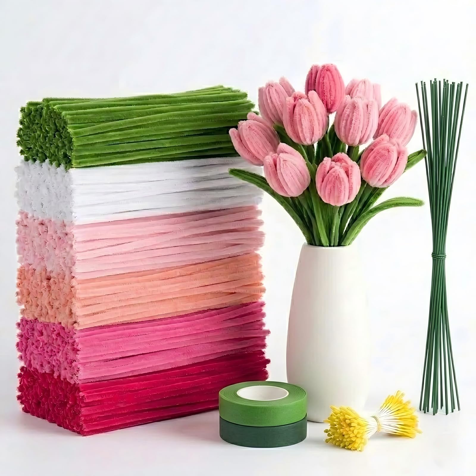 Bloomhüan 600 Stück Pfeifenreiniger Blumen Set | Pfeifenputzer zum Basteln in 6 Farben mit 30 Blumendraht & Geschenkband für Kreative DIY Blumensträuße