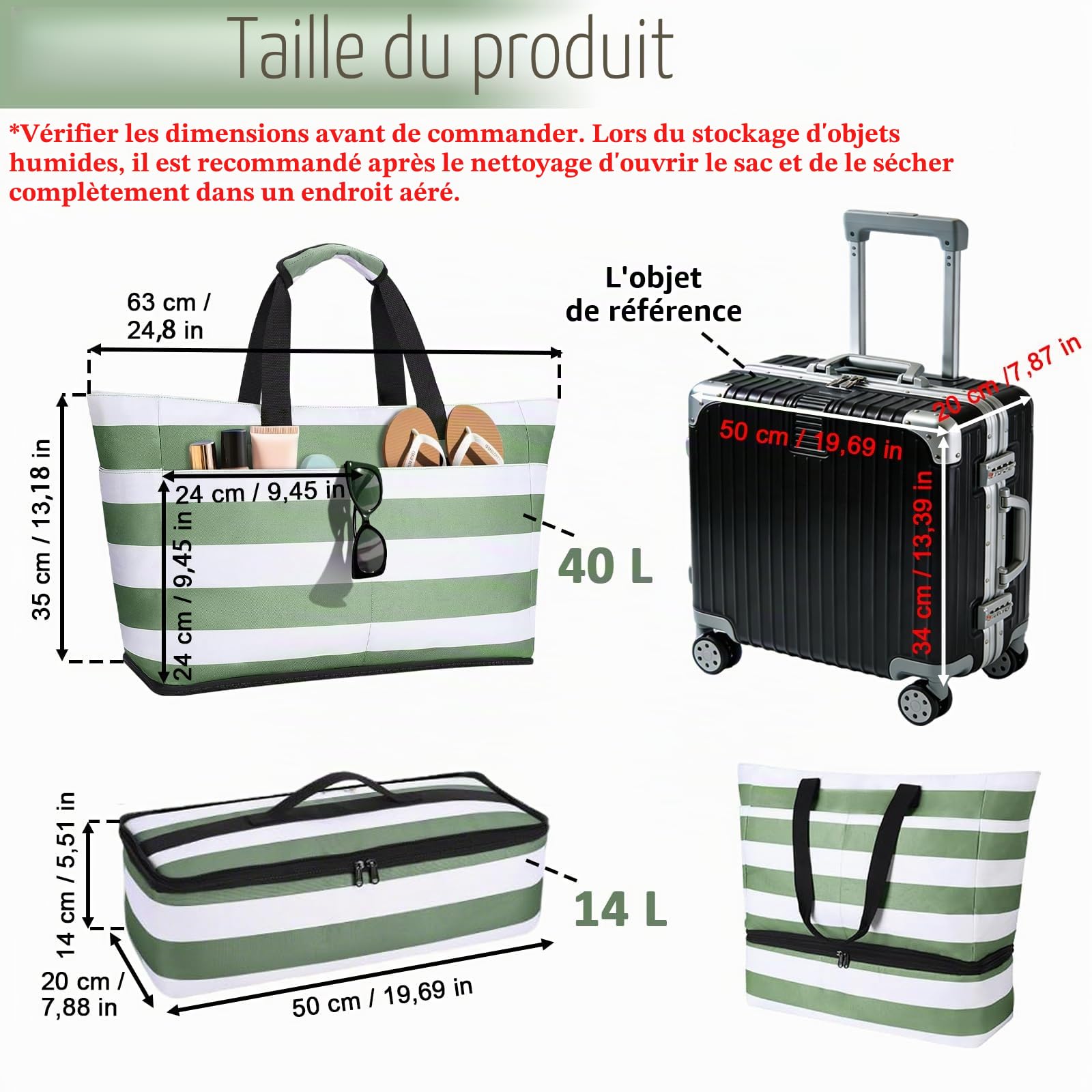 Sac de Plage Sac Fourre Tout Sacs de Plage, Sac Plage Pliable et Léger, Cabas Plage Pliable Léger, Grand Sacs de Plage Femme avec Démontable Sac Isotherme