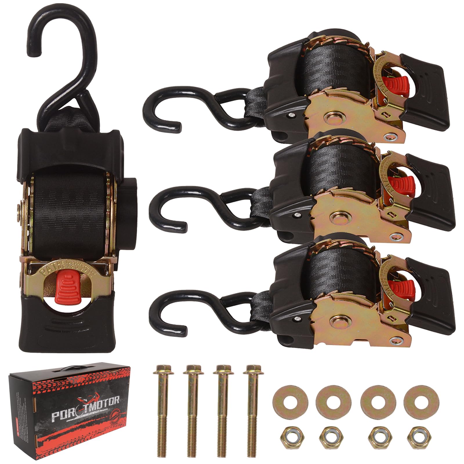 porotmotor4 Pack Bolt-On Retractable Ratchet Straps (2" x9'), 3000LBS Break Strength Ratchet Tie Down Straps Heavy Duty Auto Retracting Ratchet Straps for Motorcycle, Trailers, Boats, ATVs, UTVs