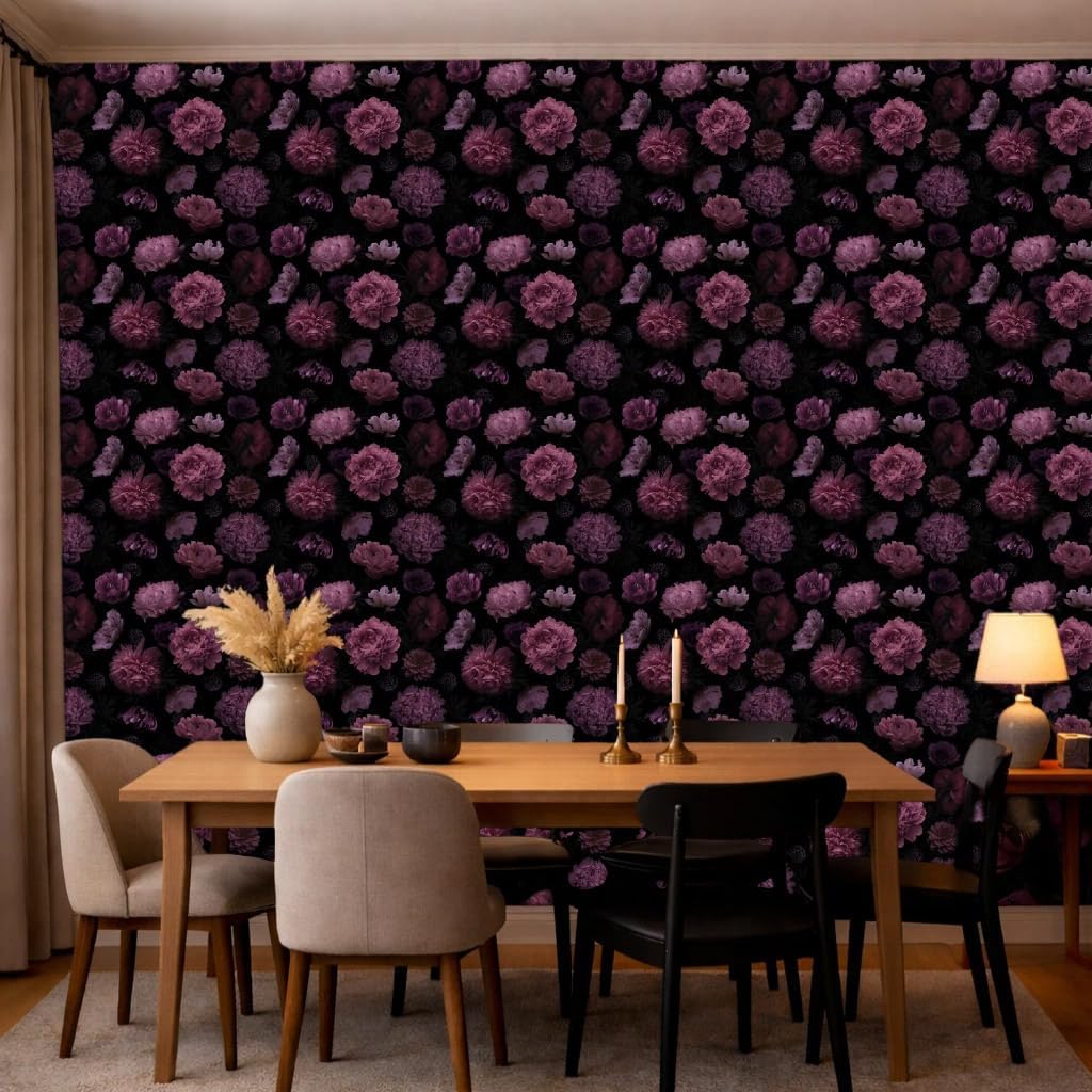 Dark Floral Peony Wallpaper Peel and Stick Removable Renter-Friendly Gothic Vintage Thick Vinyl Wall Covering Waterproof 17.7in × 354in
