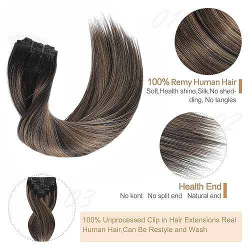 Miniatura 5 de Extensiones de cabello humano con clip, 8 unidades, 4.23 oz, balayage, color negro natural mezclado con castaño castaño, extensiones de cabello
