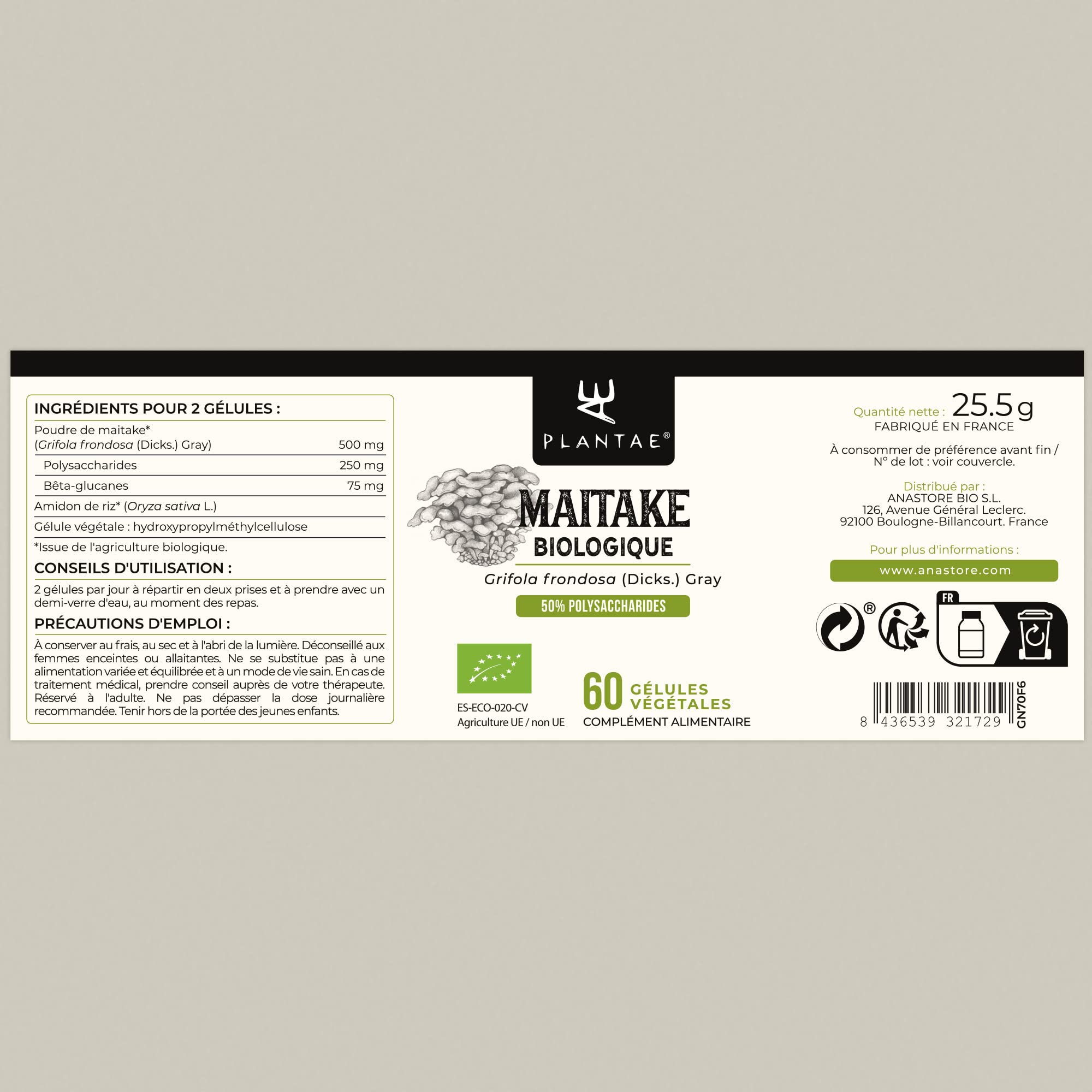 Maitake Bio * Plantae * 60 gélules végétales * Renforce le système immunitaire + Santé cardiovasculaire + Super-aliment *