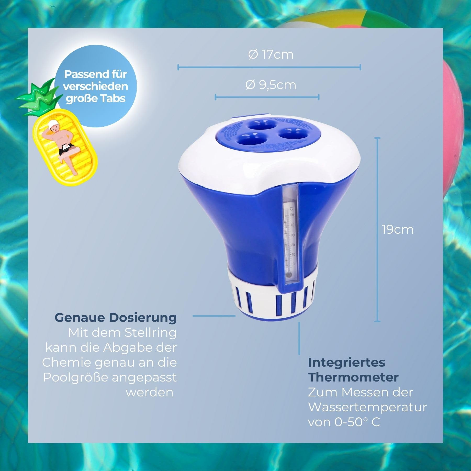 Duraol Pool Dosierschwimmer mit Thermometer I Einstellbarer Dosierer zur Chlorzugabe für Pools I Pool Dosieranlage ideal für 20g bis 300g Tabs I Chlor Schwimmer mit verstellbaren Dosierschlitzen