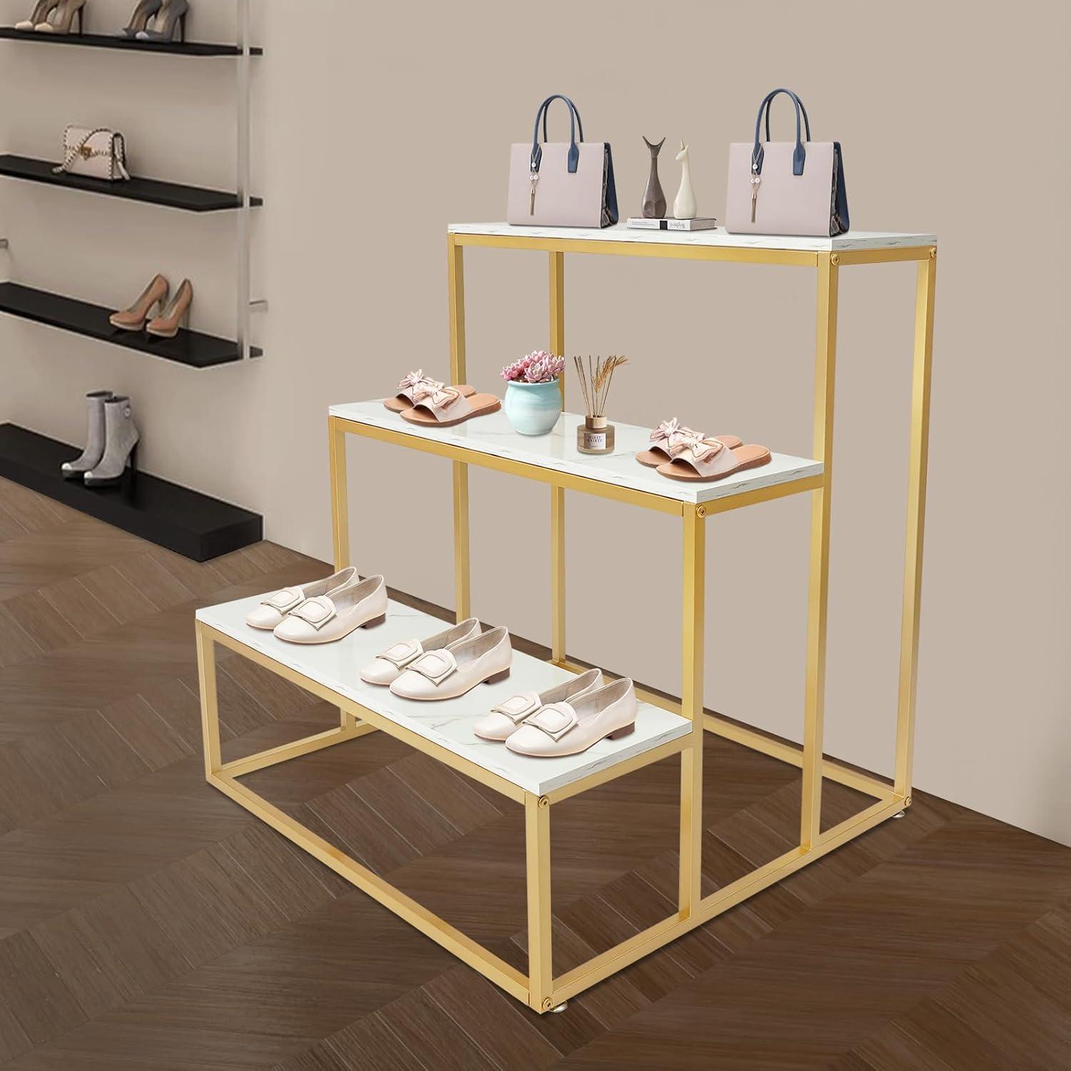 Metal Shoe Handbag Display Stand, 3 Tier Retail Nesting Display Tables, Heavy Duty Boutique Display Riser Shelf Modern Standing Clothing Shoes Display Rack for Retail Stores