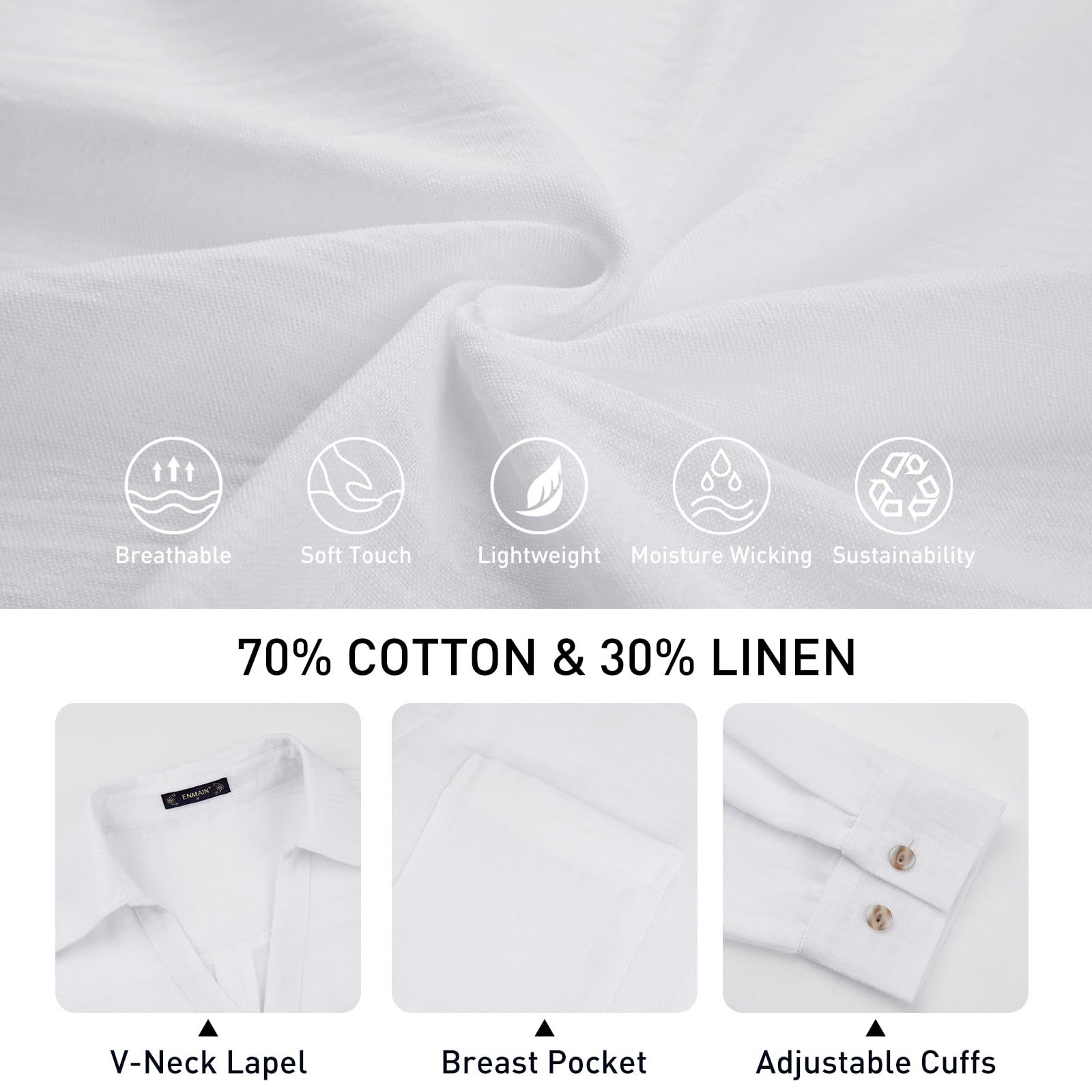 Enmain Camisa Mujer de Lino y Algodón Verano Blusa Manga Larga Cuello en V Camisas Casual Elegante Cómoda Corte Regular Tallas S-3XL Ideal para Oficina Trabajo Playa Vacaciones