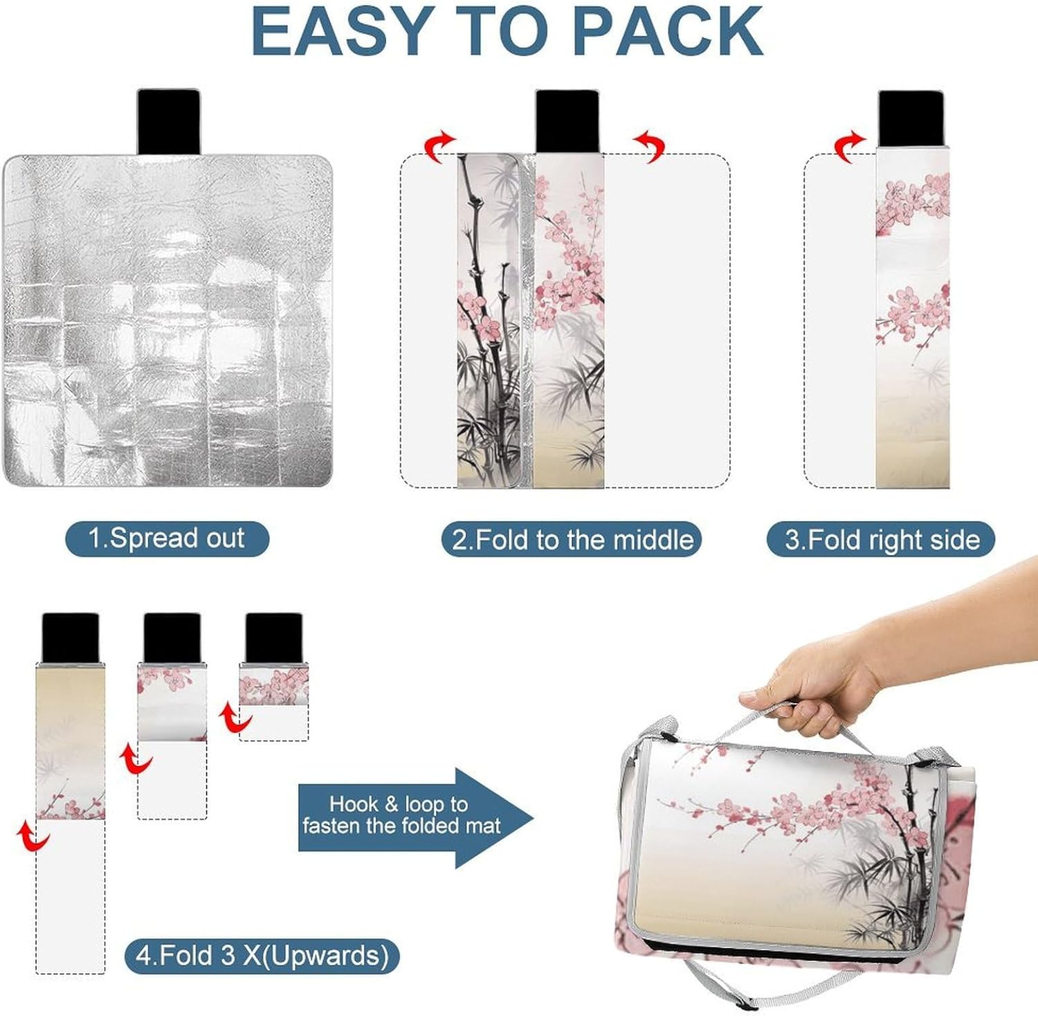 Bamboo and Cherry Blossoms Tree Zen Waterproof Picnic Blanket 58.3''x58.3'',Portable and Foldable Picnic Mat with Handle,Outdoor Blankets for Lawn Park Beach Travel
