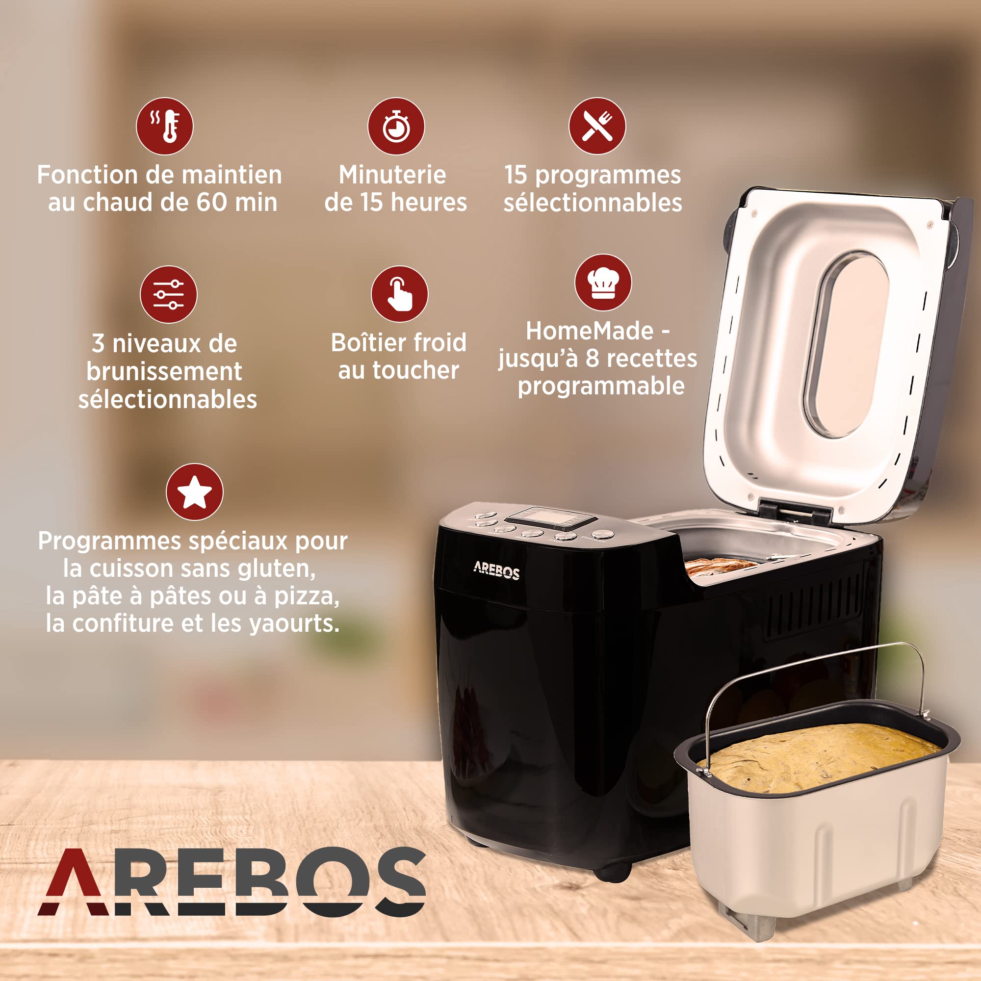Arebos Machine à pain 1500 g 850 W Noir 15 programmes 2 crochets de pétrissage