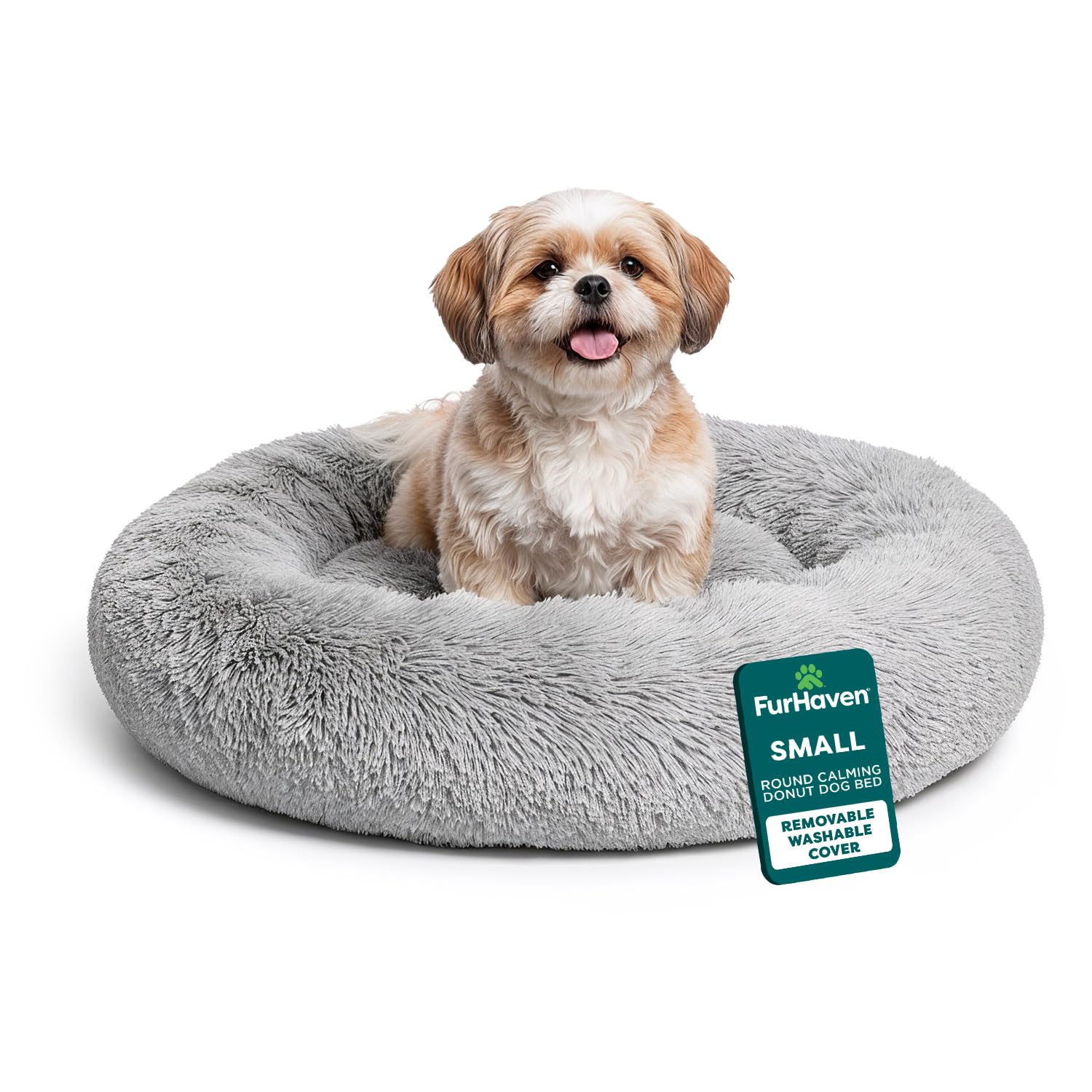 FurHaven 23" Calming Donut Dog Bed for Small Dogs & Cats, Round Plush Donut Design with Soft Filling for Snuggling Comfort, Removable Washable Cover,