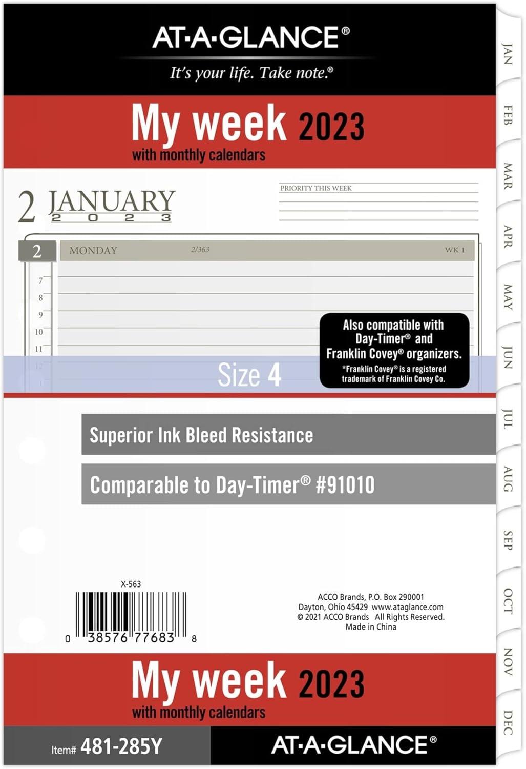 AT-A-GLANCE 2023 Weekly & Monthly Planner Refill, Hourly, 91010 Day-Timer, 5-1/2" x 8-1/2", Size 4, Desk Size, Loose Leaf, Monthly Tabs (481-285Y)