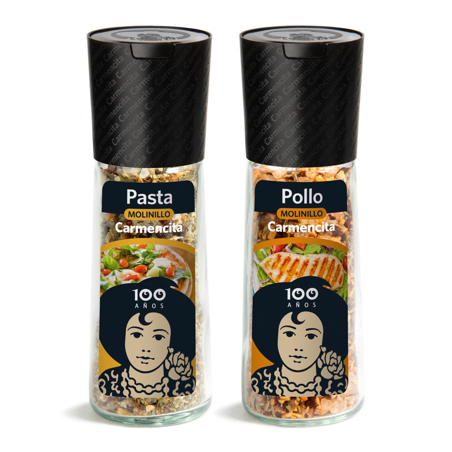 CARMENCITA - Pack Foodie 6 Molinillos de Especias para Cocinar | Sabores recién molidos | Sazonador Barbacoa | Pollo, Cerdo y Pavo | Pasta y Pizza | Verdura y Curry| Pescado y Marisco| Ensalada Vegan