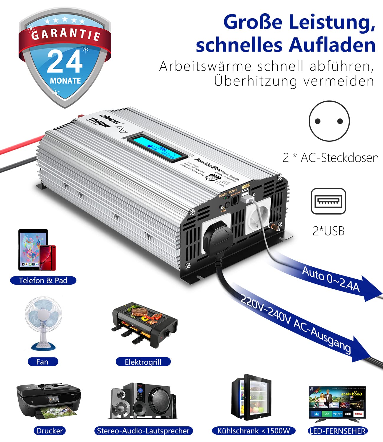 GIANDEL Czysty sinusoidalny falownik 1500 W DC 12 V na AC 230 V przetwornica napięcia z 2,4 A, podwójne porty USB i pilot zdalnego sterowania oraz wyświetlacz LCD do samochodów ciężarowych