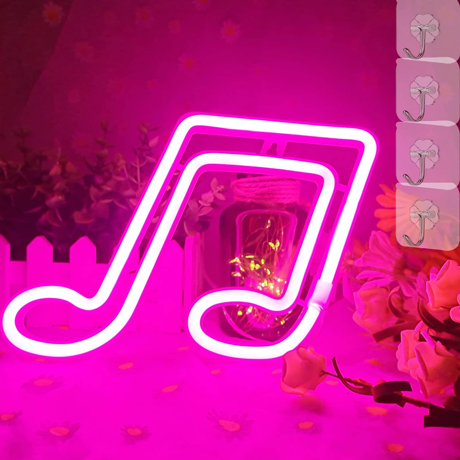 Music Note LED Neon Light for Wall Decor - Battery or USB Powered - Pink Neon Light Up Sign for Girls Room Bedroom Decor
